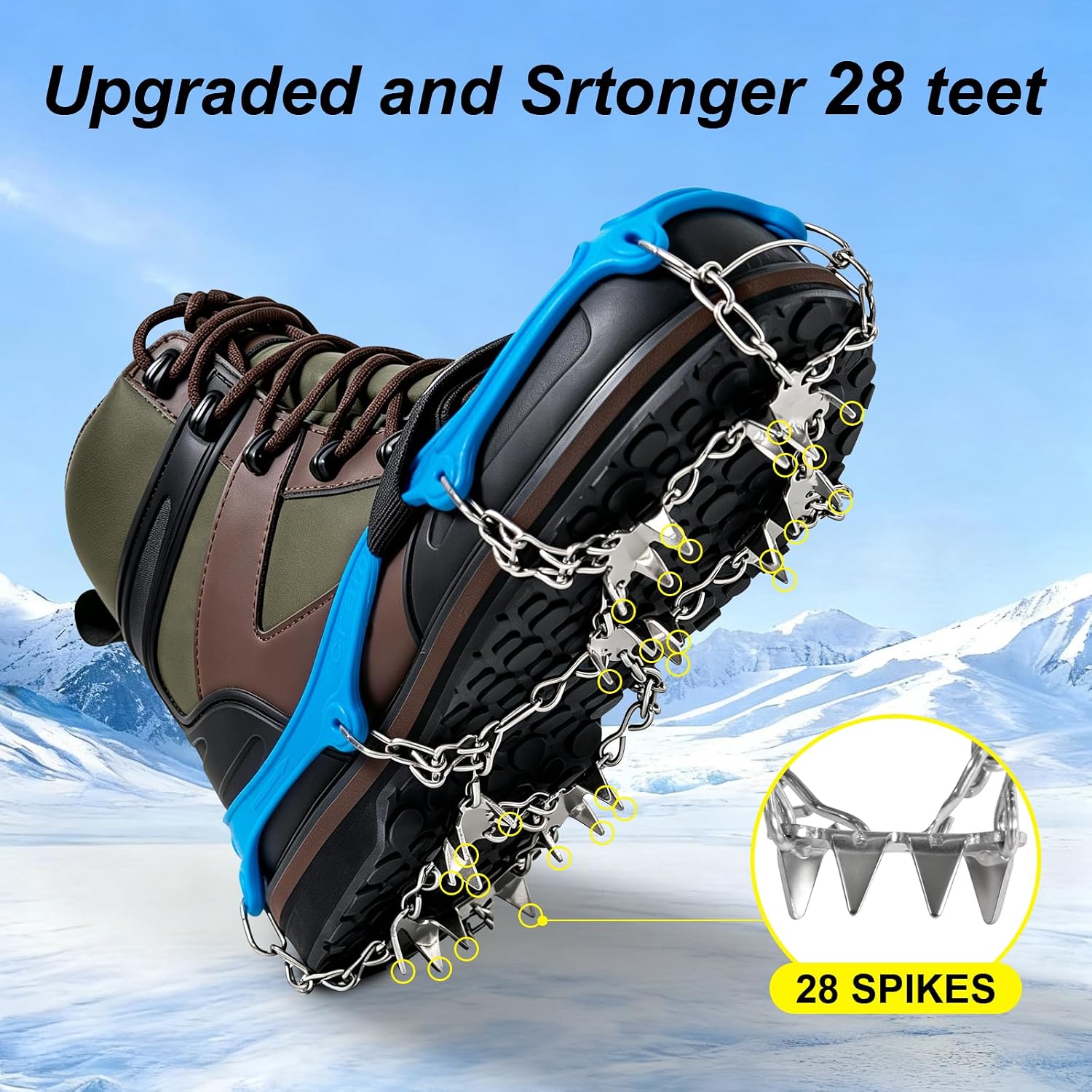 G2 Ice Cleats for Boots Shoes, 28 Stainless Steel Spikes for Walking on Snow and Ice, Easy to use for Hiking, Walking, Climbing, Jogging(S/M/L Orange/Blue/Black)
