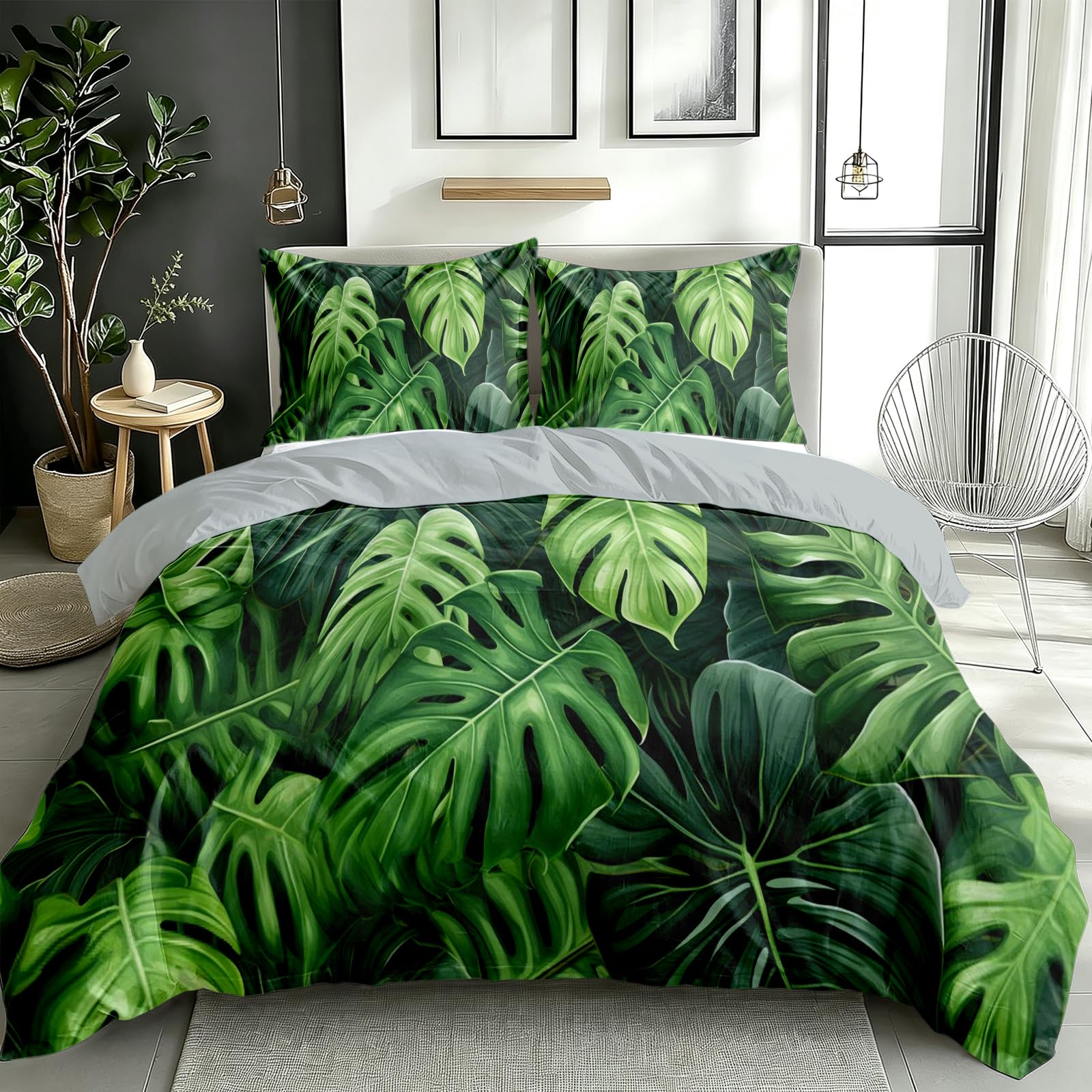 Housse de Couette Monstera Botanique 160x200 2 Personnes, Deco Cadeau