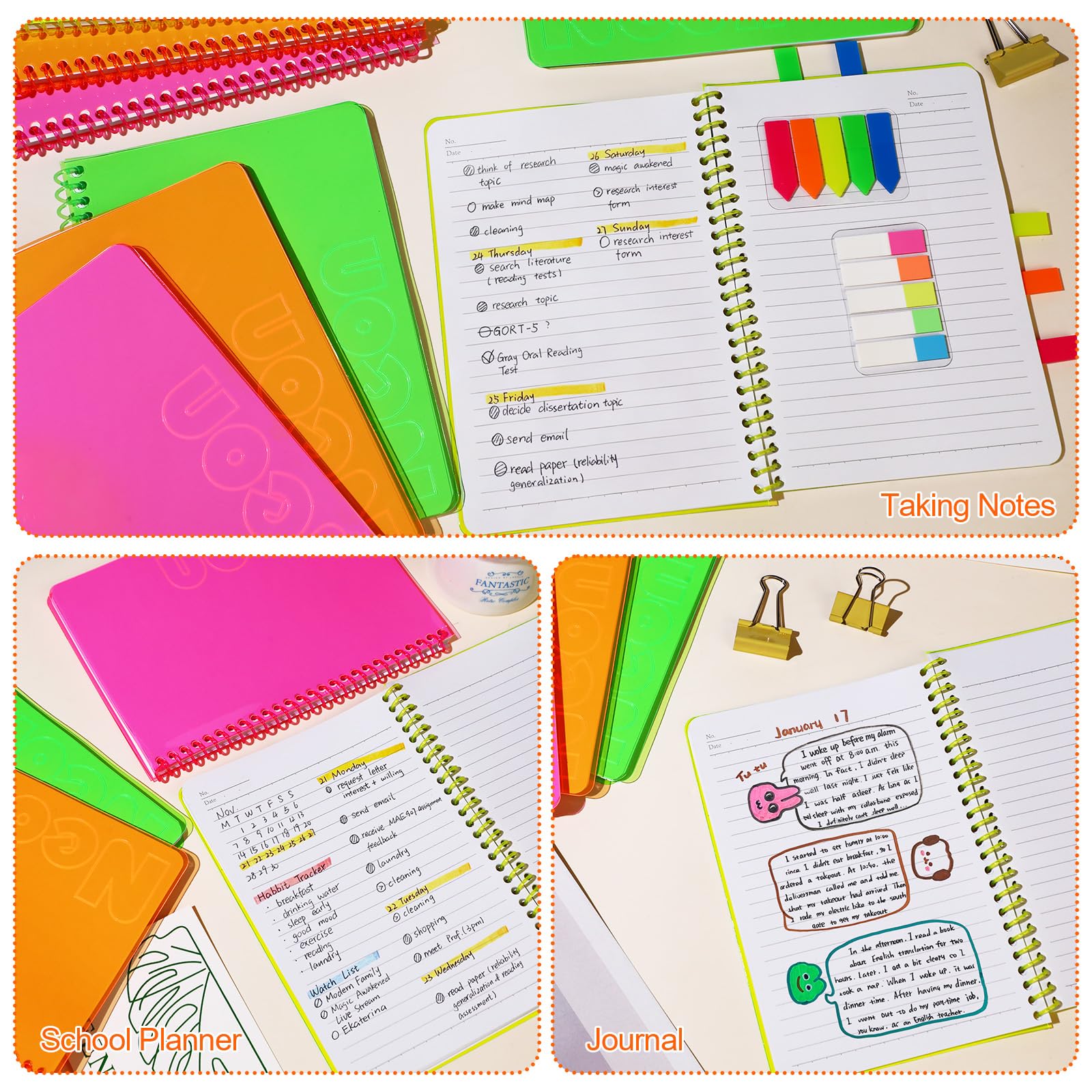 miikoul Notizbücher, A5, neonfarben, Spiralbindung, liniert, 21,1 x 14 cm, 80 Blatt/160 Seiten, breit liniert, Notizblock, Softcover, Farbcodiert, für Studenten, Notizen im Unterricht, Heimbüro, 4