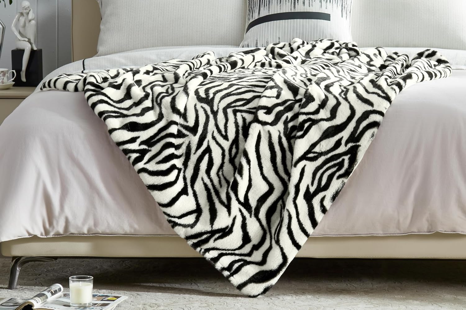 JONIYEAR Soft Fluffy Zebra Print Faux Rabbit Fur Throw Blanket 50" x 60", Luxury Cozy Shaggy Fuzzy Blankets, Reversible Cute Warm Animal Printed Blanket for Women Winter,Washable,Cream White and Black - Image 4