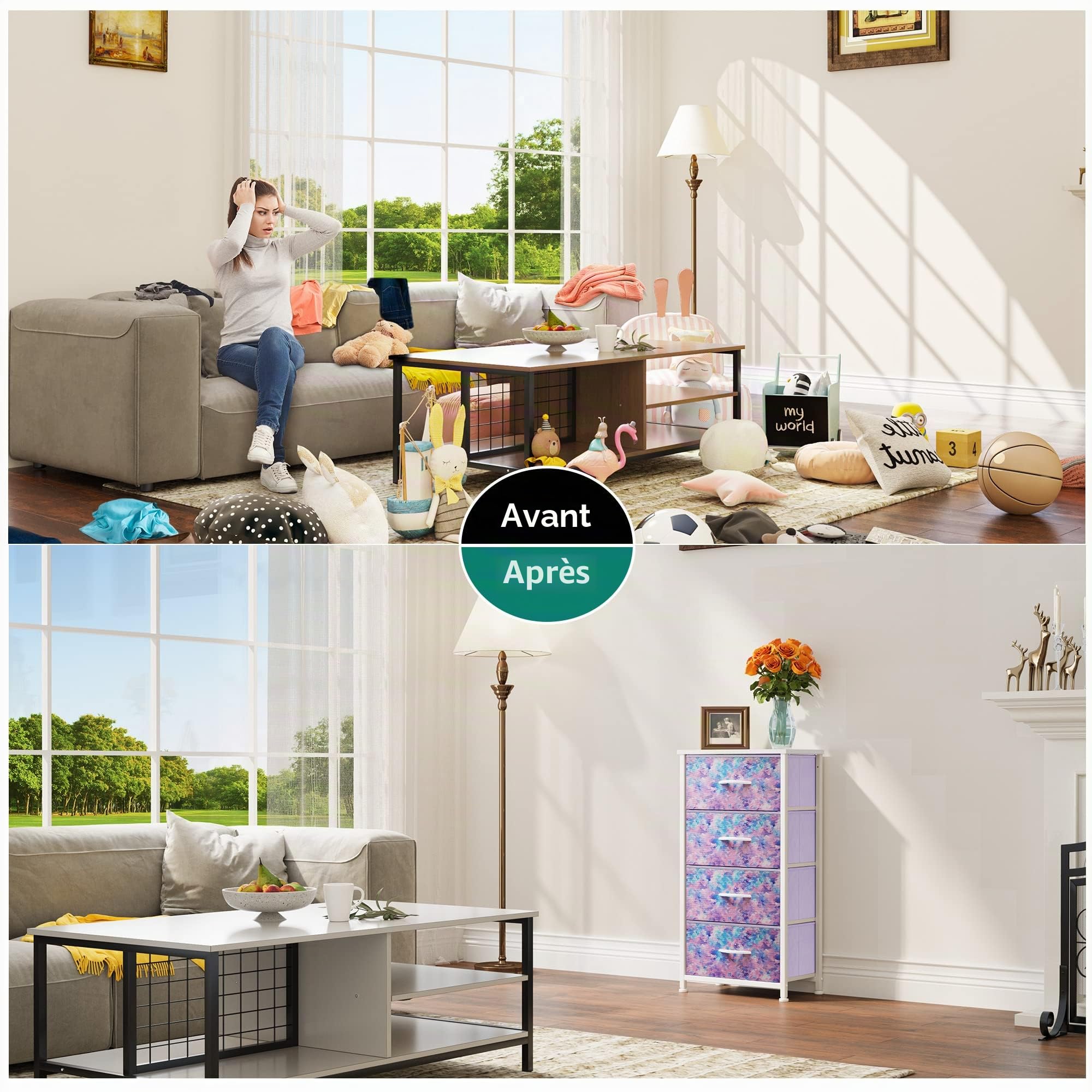YITAHOME Commode en Tissu avec 4 tiroirs, Meuble de Rangement Pratique, Armoire pour Salon, Chambre d'enfant, Couloir,imprimé Violet