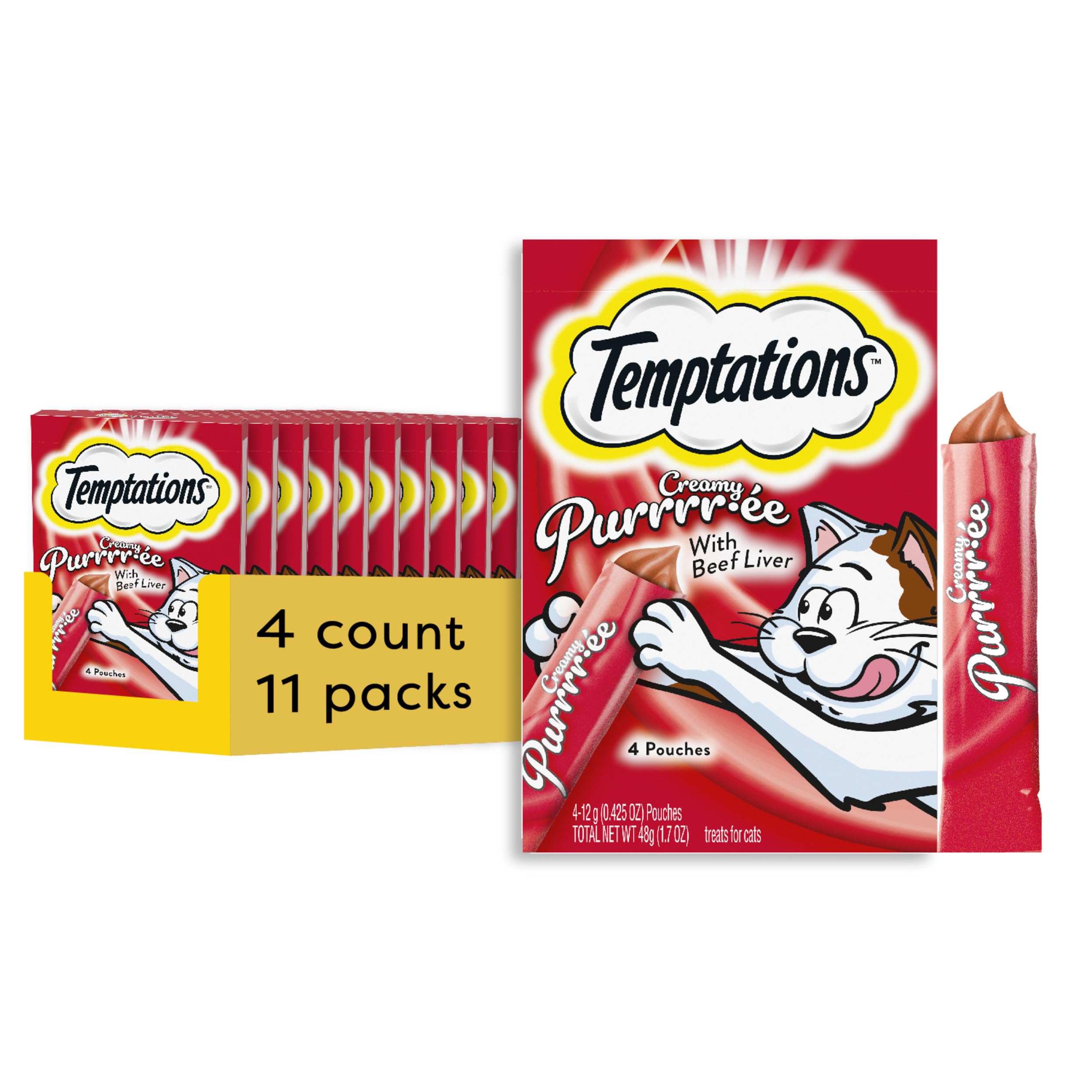 Temptations Creamy Puree Squeezable Lickable Wet Cat Treats with Beef Liver, 0.42 oz. Tubes, 4 Count, Pack of 11 (44 Total)