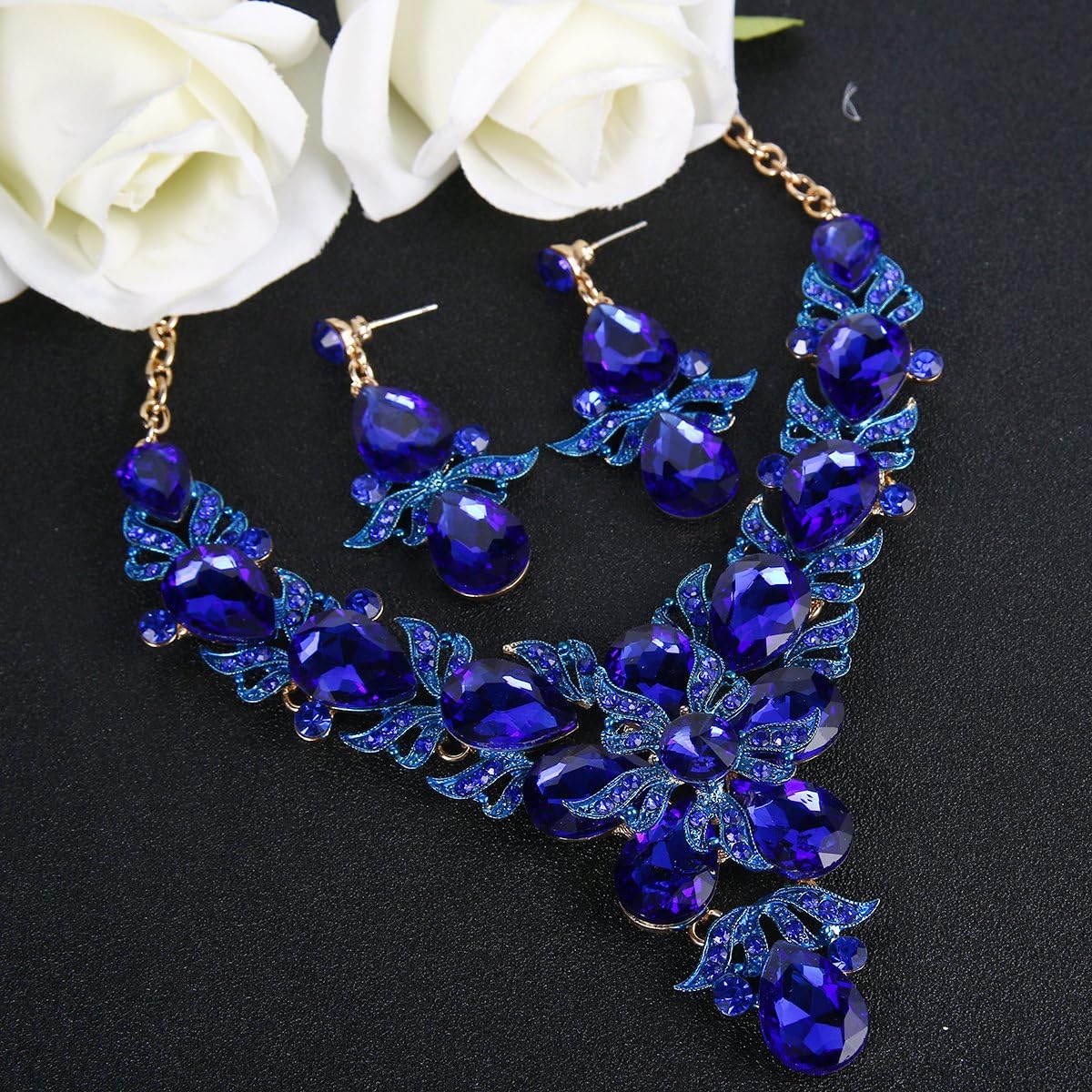 EVER FAITH Rhinestone Crystal Elegant Wedding Flower Leaf Teardrop Necklace Earring Set