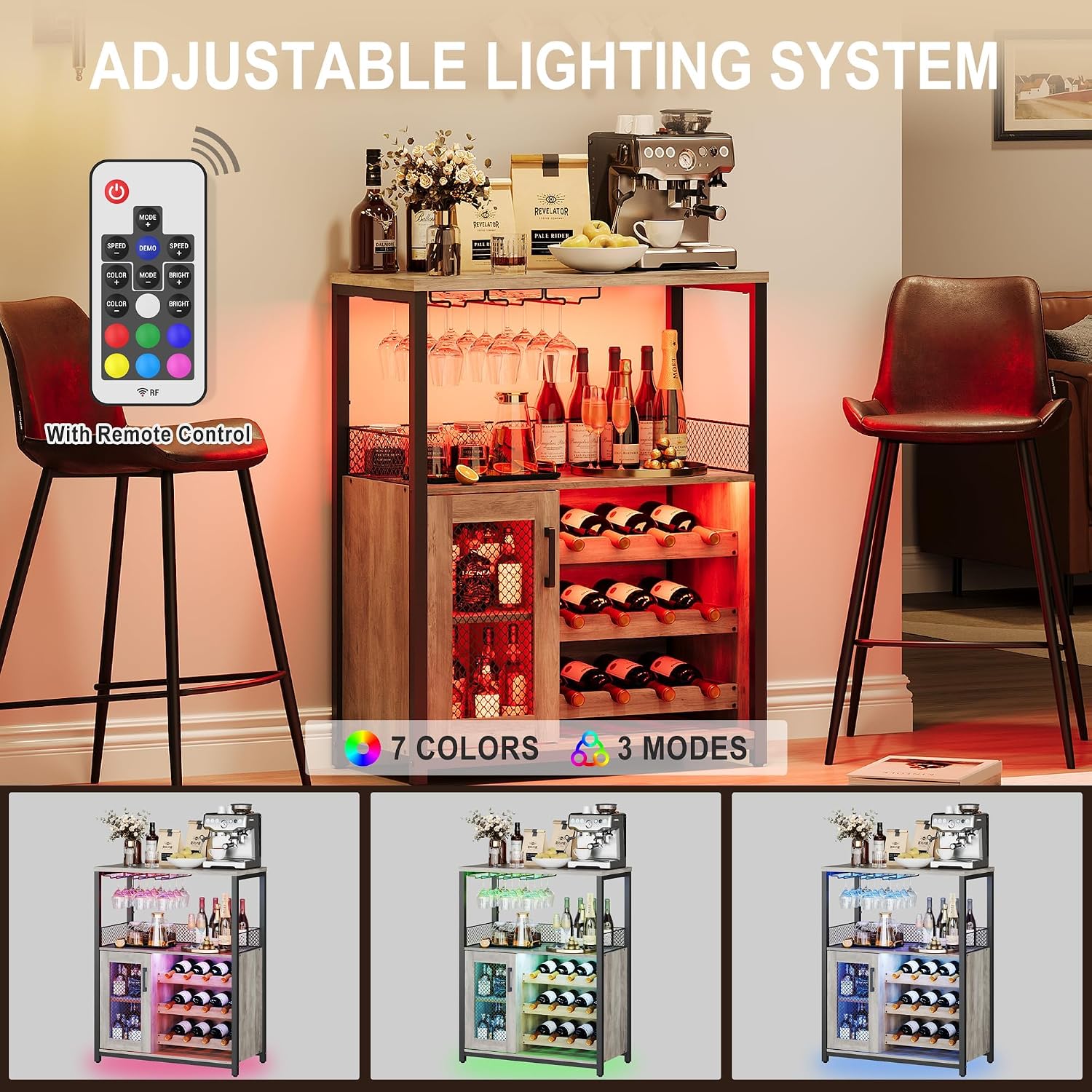 Bar Cabinet, Industrial Wine Cabinet with LED Light & Removabl Glass Rack, Liquor Storage Cabinet with Adjustable Wine Rack, Home Bar with Mesh Doors and Baffle, Grey with Light