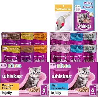 Whiskas Kitten Food Wet Bundle of 14 | Poultry Feasts in Gravy 6x85g| Fish Favourites in Jelly 6 x 85g| Milky Treats x1| Cat Toy x1