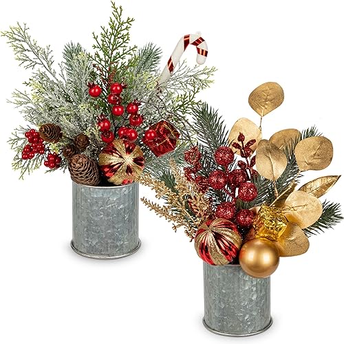 Hollyone Paquete de 2 decoraciones de mesa de Navidad de 12 pulgadas, planta artificial pequeña en maceta con adornos de bolas de Navidad, bayas
