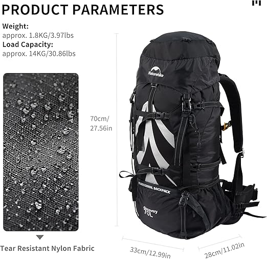 NTUOCAW 70L wandelrugzak met regenhoes, grote trekkingrugzak voor mannen en vrouwen, waterdichte campingrugzak, lichtgewicht backpacken voor buitensporten, reizen, wandelen, fietsen, klimmen