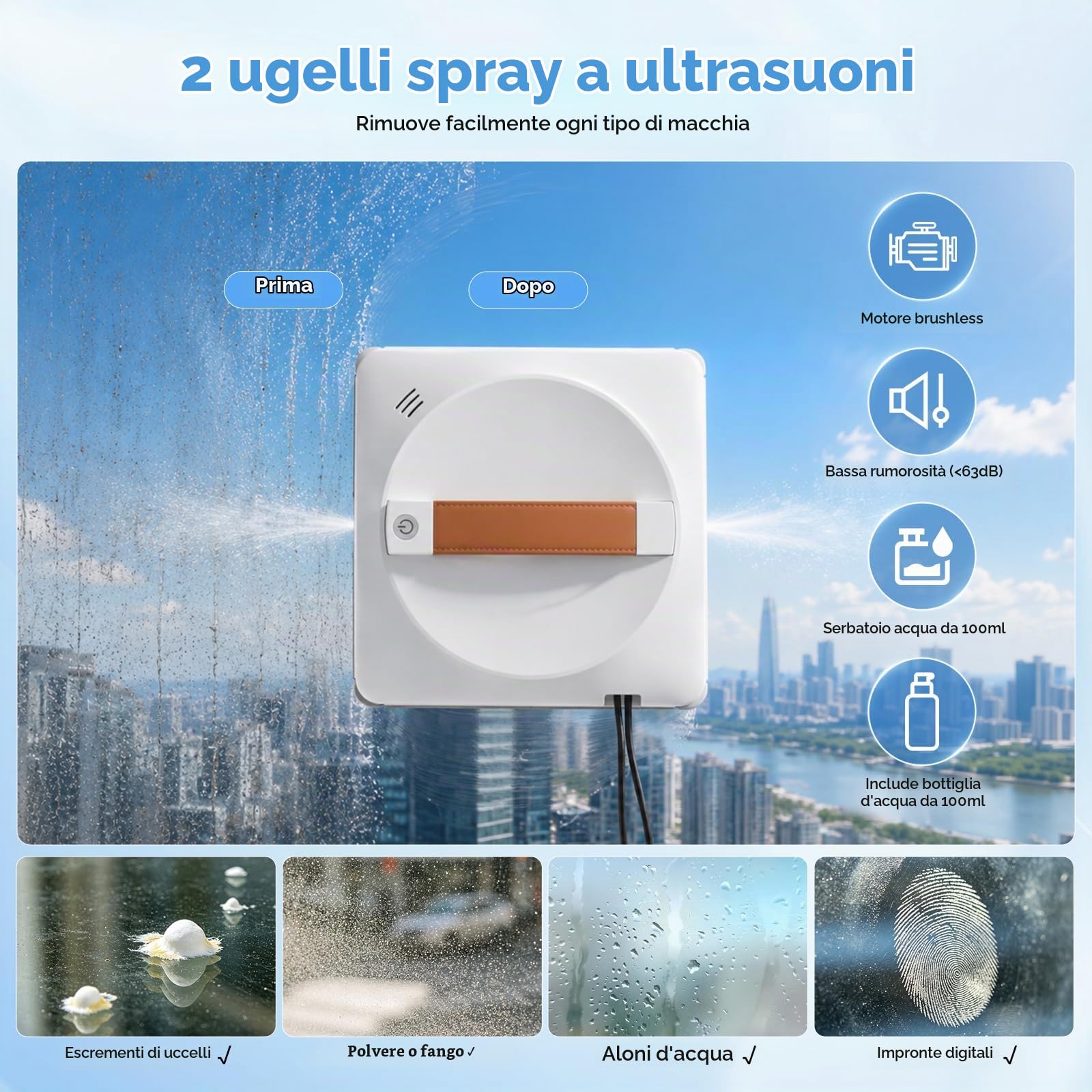 Robot lavavetri elettrico 5600 PA 0.35m/min, Robot lavavetri Robot per pulizia vetri con remoto, Controller 3 modalità di pulizia Robot lavavetri finestre Pulisci vetri elettrico