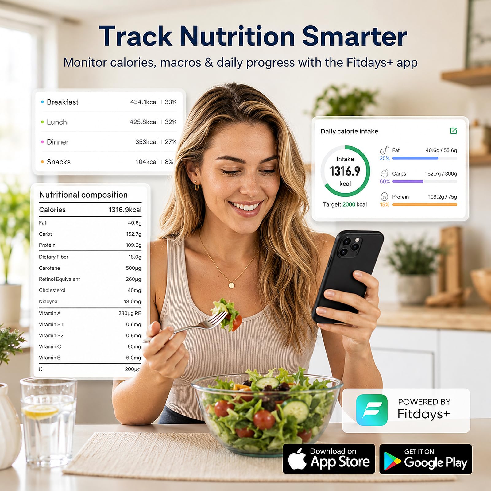 KitchenTour - Báscula inteligente de alimentos con calculadora nutricional, aplicación Bluetooth para seguimiento de calorías y macros, 24 nutrientes, báscula de cocina de acero inoxidable de 11
