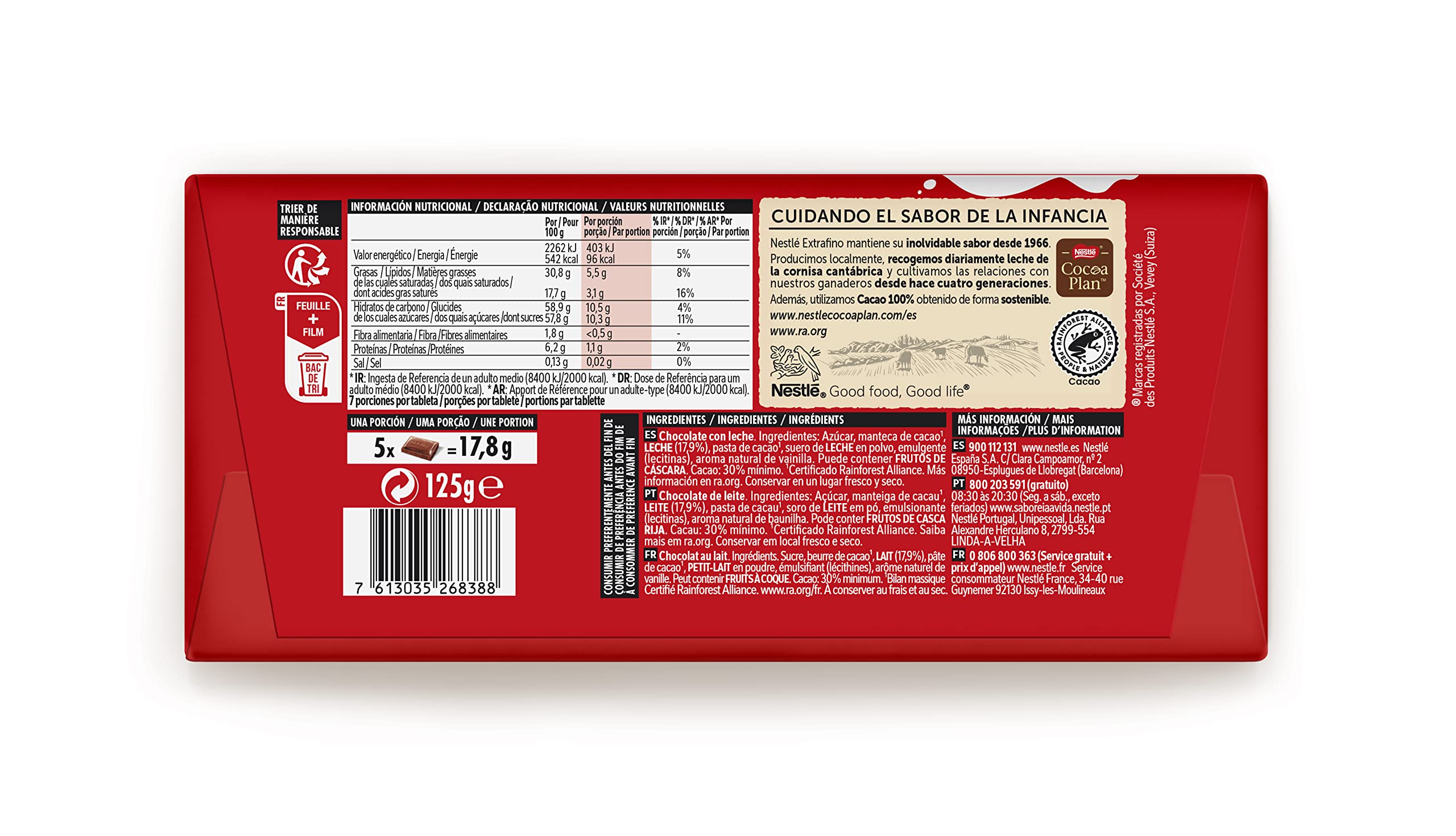 Nestle Extrafino Tableta de Chocolate con Leche 125 g, sin Gluten - Pack de 30 und.