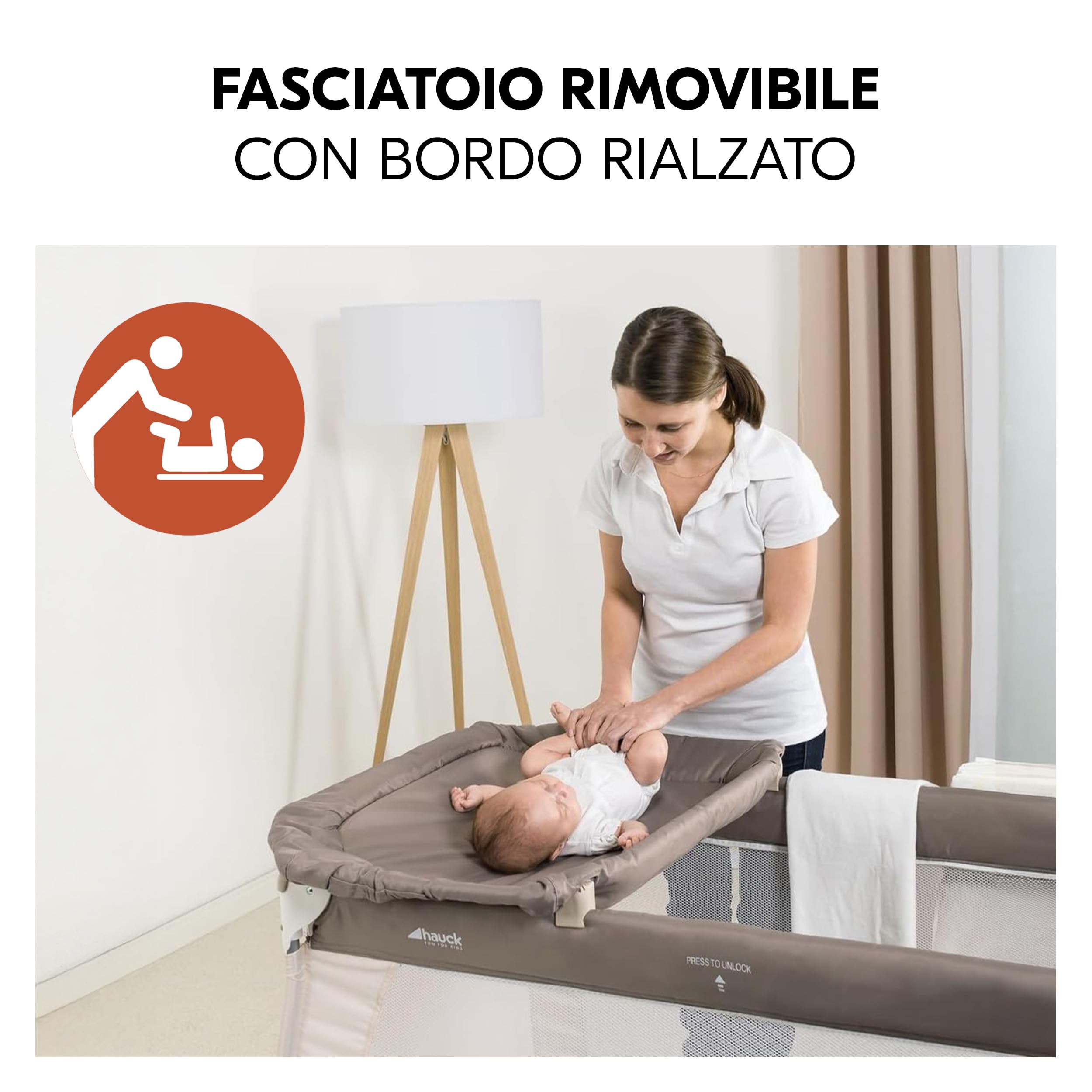 hauck Lettino Campeggio BabyCenter Zoo - Culla Campeggio con 2° Livello, Arco Giochi e Ruote - Culla da Viaggio con Borsa, Fasciatoio e Organizer - Beige