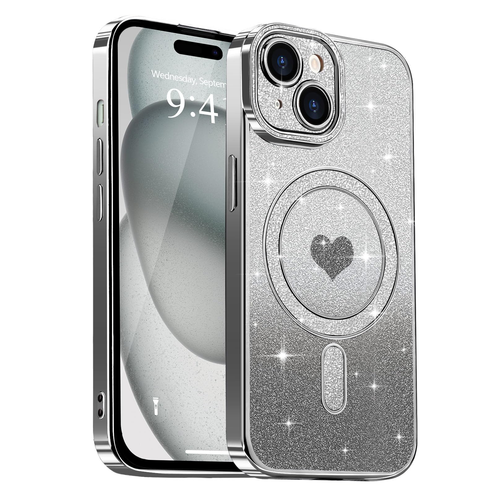Lafunda Magnetic for iPhone 15 Case Glitter, Cute Love Heart Plating Luxury Sparkle Bling Clear Cover for Women Girls Silicone Anti-Scratch Camera