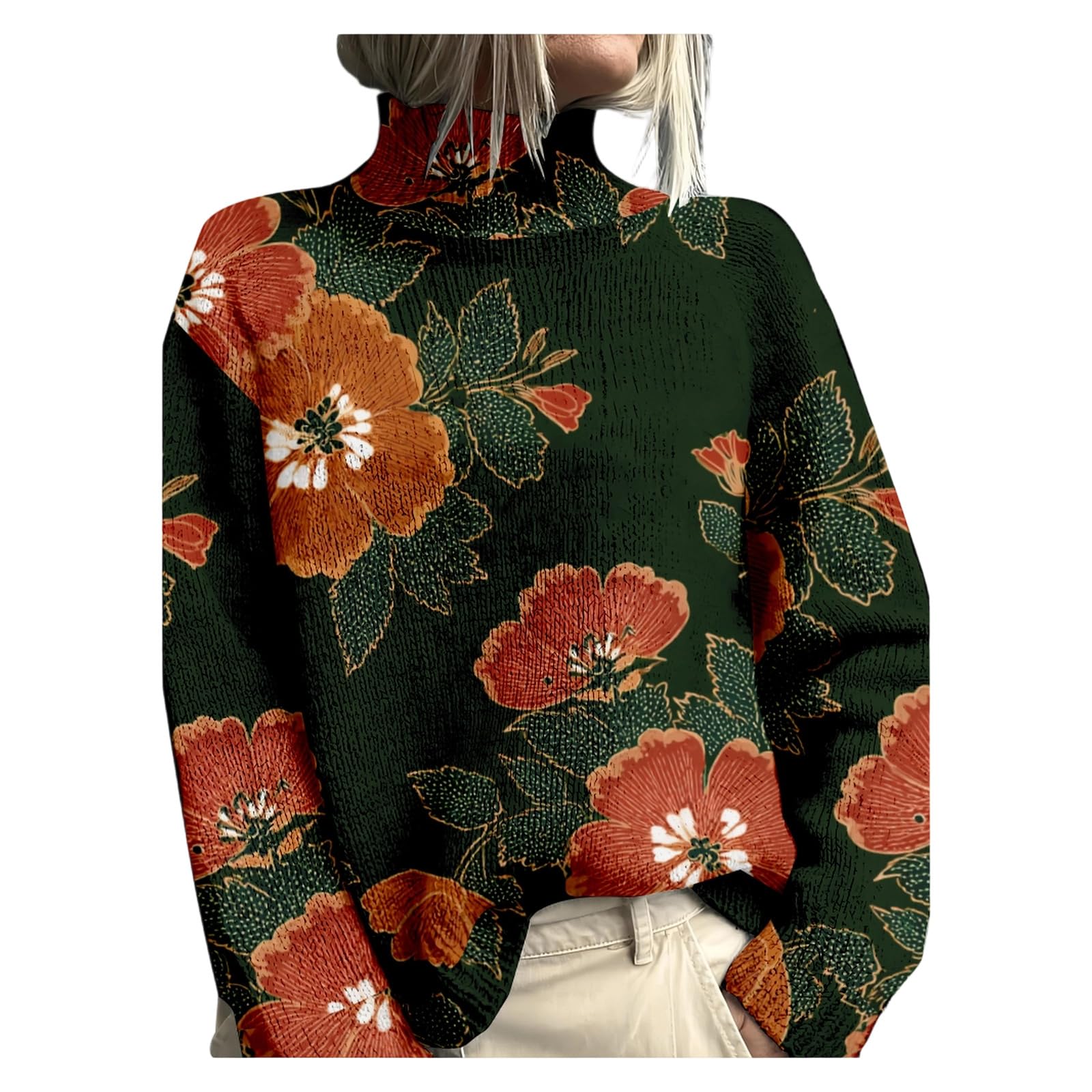 Fall Ethnic Floral Sweaters for Women Loose Ribbed Knit Turtlenrck Long Sleeve Jumper Boho Vintage Print Sweater