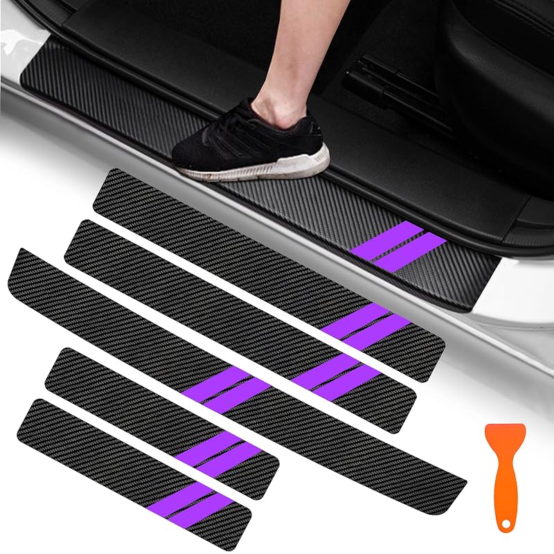 Kit com 5 Protetores de Soleira para Dodge YOSRTER em Couro de Microfibra com Textura de Fibra de Carbono e Acabamento Roxo