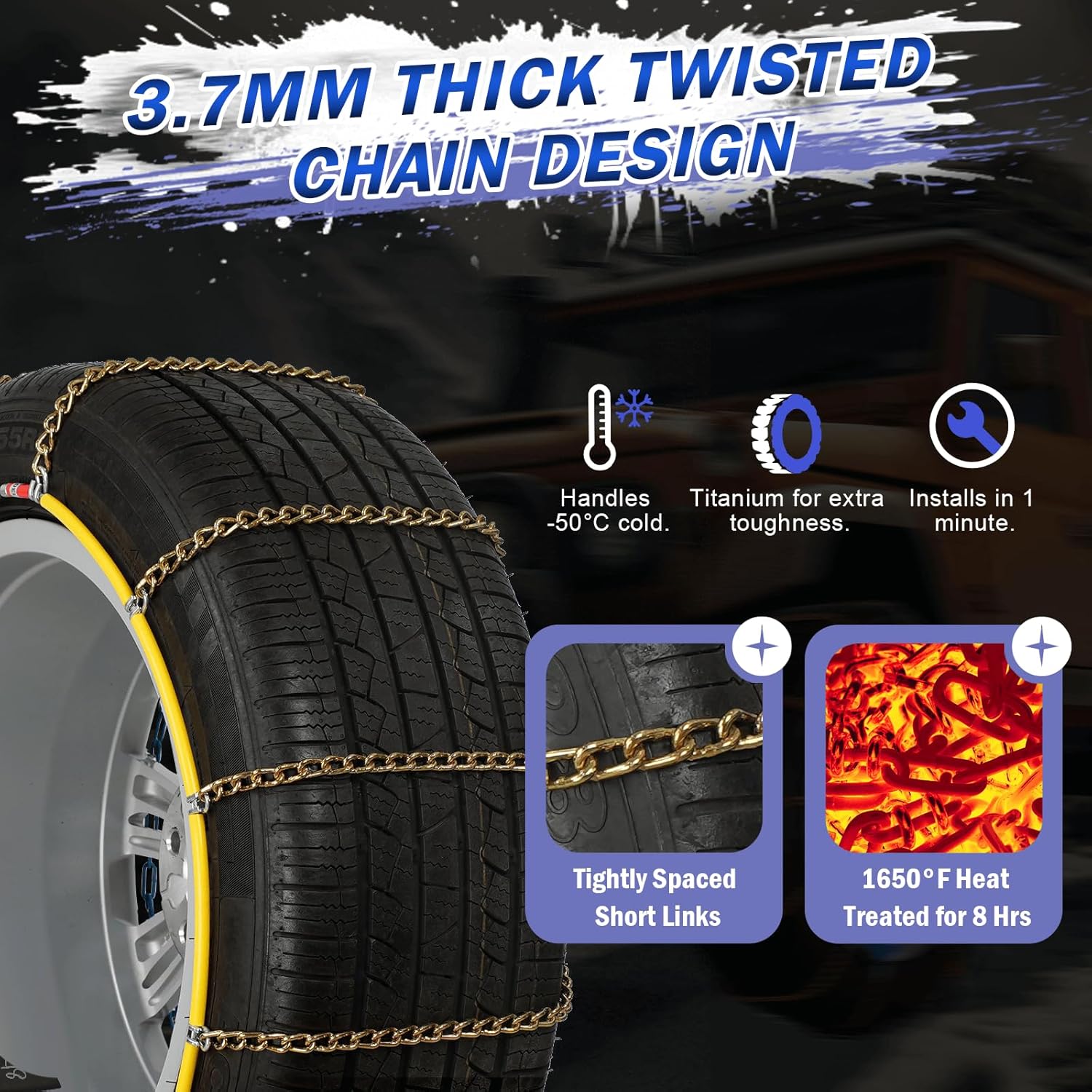 AutoChoice AutoFixing Snow Chains Tire Chains For Cars Suv Pickup Trucks, 3.7mm Twisted Alloy Steel, Fast 1-Min Install, Contains Titanium for Wear Resistance, Set of 2(HLN140)