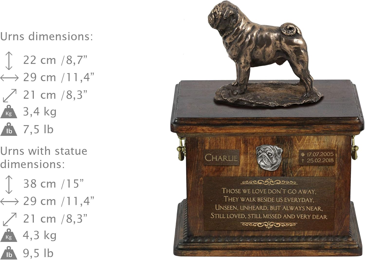 Art-Dog Custom Dog Sitting Statue Memorial Urn - Handmade Cold Cast Bronze on Birch Base – Sturdy and Stylish Urn for Dog’s Ashes – 8.3x11.4x8.7 – 5l – Pug I