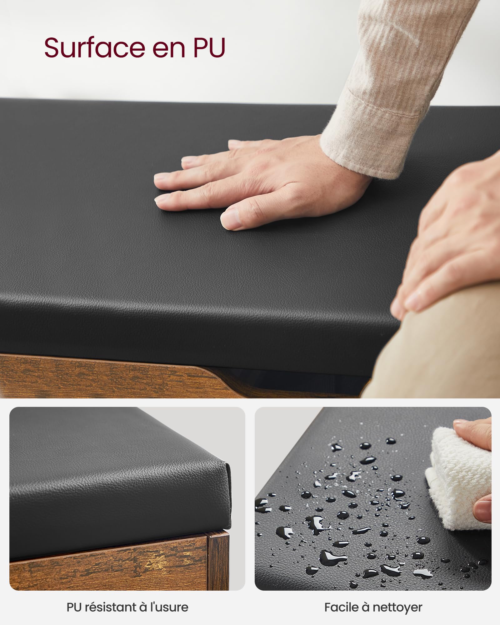 VASAGLE Banc à Chaussures Rembourré, Banc de Rangement, Rangement Caché, Étagères, Meuble d'Entrée, Capacité de Charge 136 kg, 30 x 80 x 44 cm, Marron Rustique et Noir d’Encre LHS30BX
