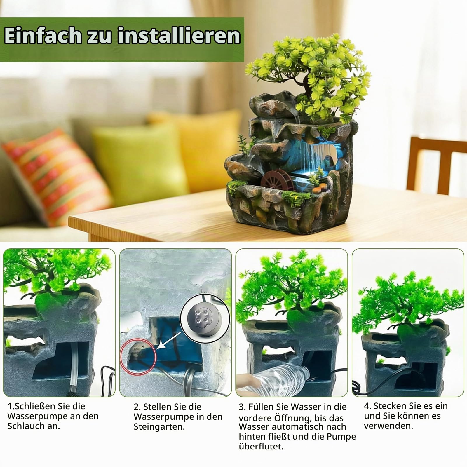Tisch Zimmerbrunnen Wasserfall, Tischbrunnen mit Wasserrad und LED-Beleuchtung, Zimmer Pflanze Brunnen, Deko Tisch Springbrunnen für Wohnzimmer, Büro und Schlafzimmer (30x18x15cm)