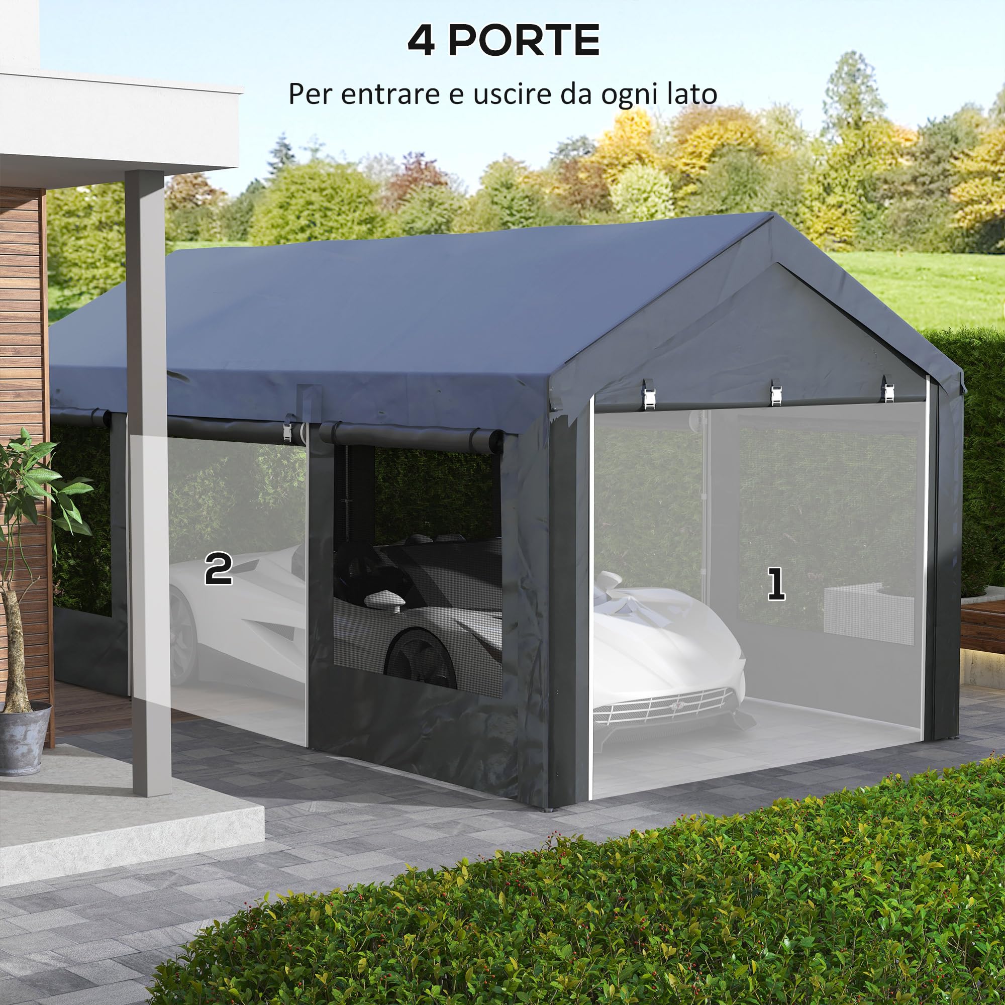 Outsunny Gazebo da Giardino 6x3m Grigio Scuro con Altezza Regolabile Carport Auto 4 Porte 4 Finestre