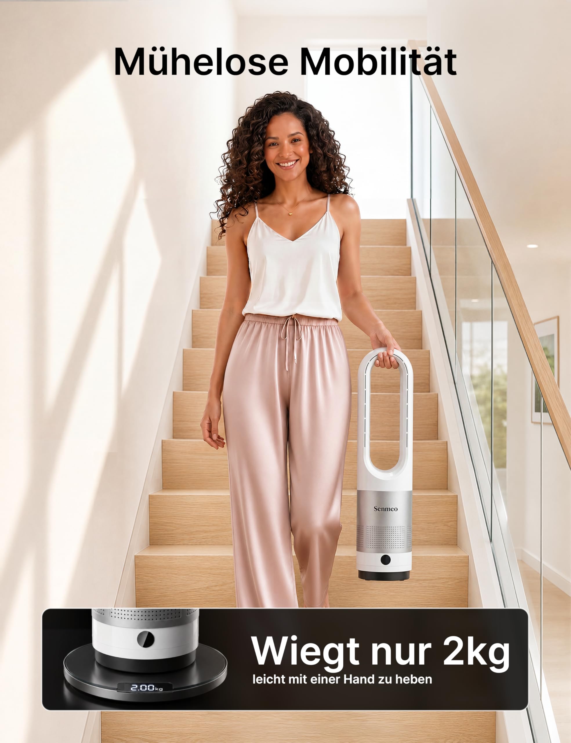 Rotorloser Turmventilator 55 cm | Fernbedienung, 90° Oszillation, 8 Geschwindigkeiten, 9H Timer, LED-Anzeige