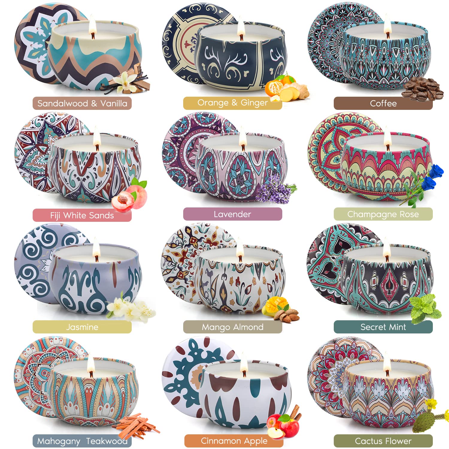 Set Regalo di Candele Profumate, 12 Pezzi di Candele di Cera di Soia per Aromaterapia Fruttata e Floreale per la Casa, Sollievo dallo Stress, Relax, 250 Ore di Durata, Regali di Compleanno per Donne