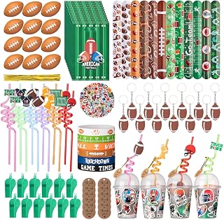 170 Pcs Football Party Favors Cups Straws Stress Ball Silicone Wristbands Slaps Bracelets Keychains Stickers Whistles Goodie Bags Football Themed Party Favors Team Gifts Birthday Party Decorations