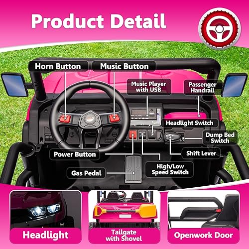 Miniatura 6 de Sopbost Juguetes de paseo de 24 V para niños grandes, camión volquete de 2 plazas con motores de 4 x 75 W, lado a lado, UTV para niños con ruedas