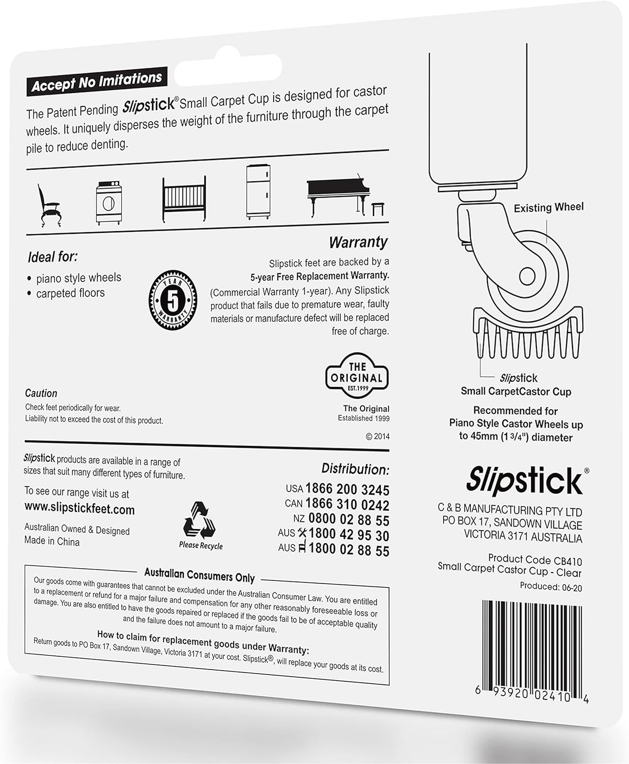 Slipstick CB410 Carpet Protector Caster Cups / Carpet Grippers for Under Furniture (Set of 4) Holds Wheels up to 1-3/4 Inch - Clear Plastic,Small