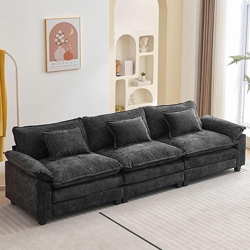 Sectional Sofa Comfy Cloud Couch for Living Room with Pillows, Modern Chenille Sofa Sleeper Deep Couches (Black, 3-Seat-Style2)