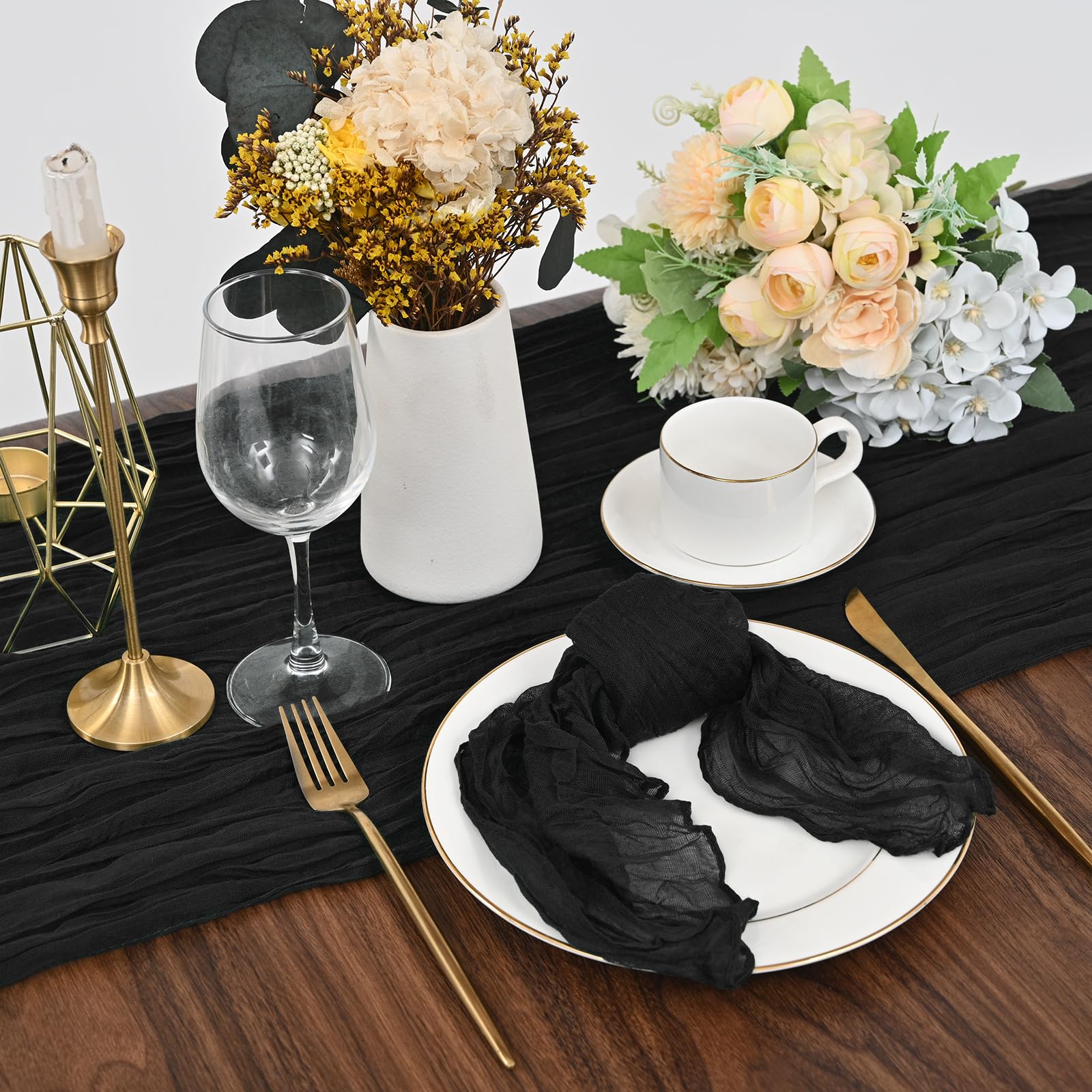 Paquete de 60 servilletas de gasa arrugadas, servilletas de tela de algodón suave, servilletas decorativas rústicas para bodas, fiestas, cenas, uso diario, 50 x 50 cm (negro)