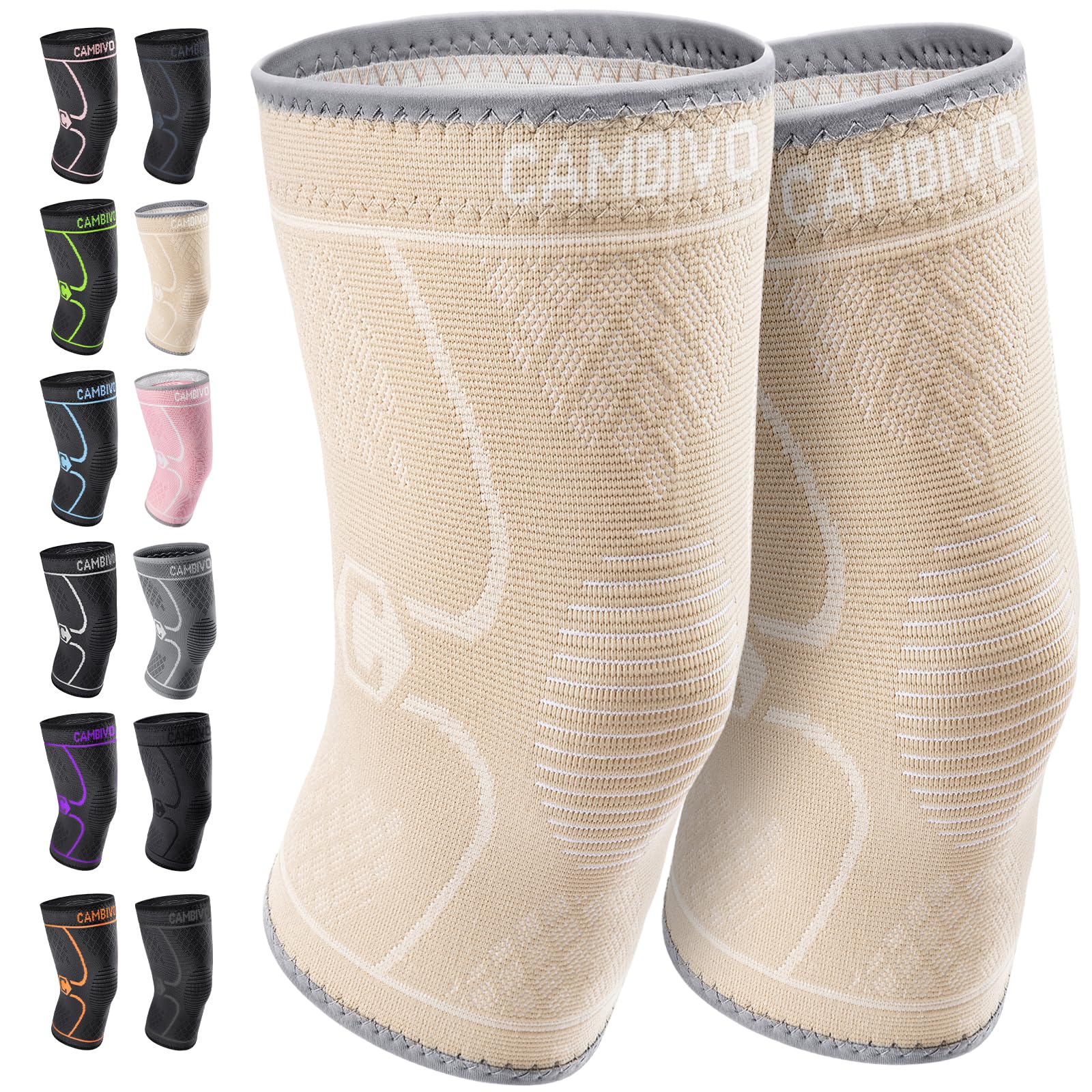 CAMBIVO 2 Pack Knee Brace, Knee Compression Sleeve for Men and Women, Knee Support for Running, Workout, Gym, Hiking, Sports (Beige, XXXL) XXX-Large Beige
