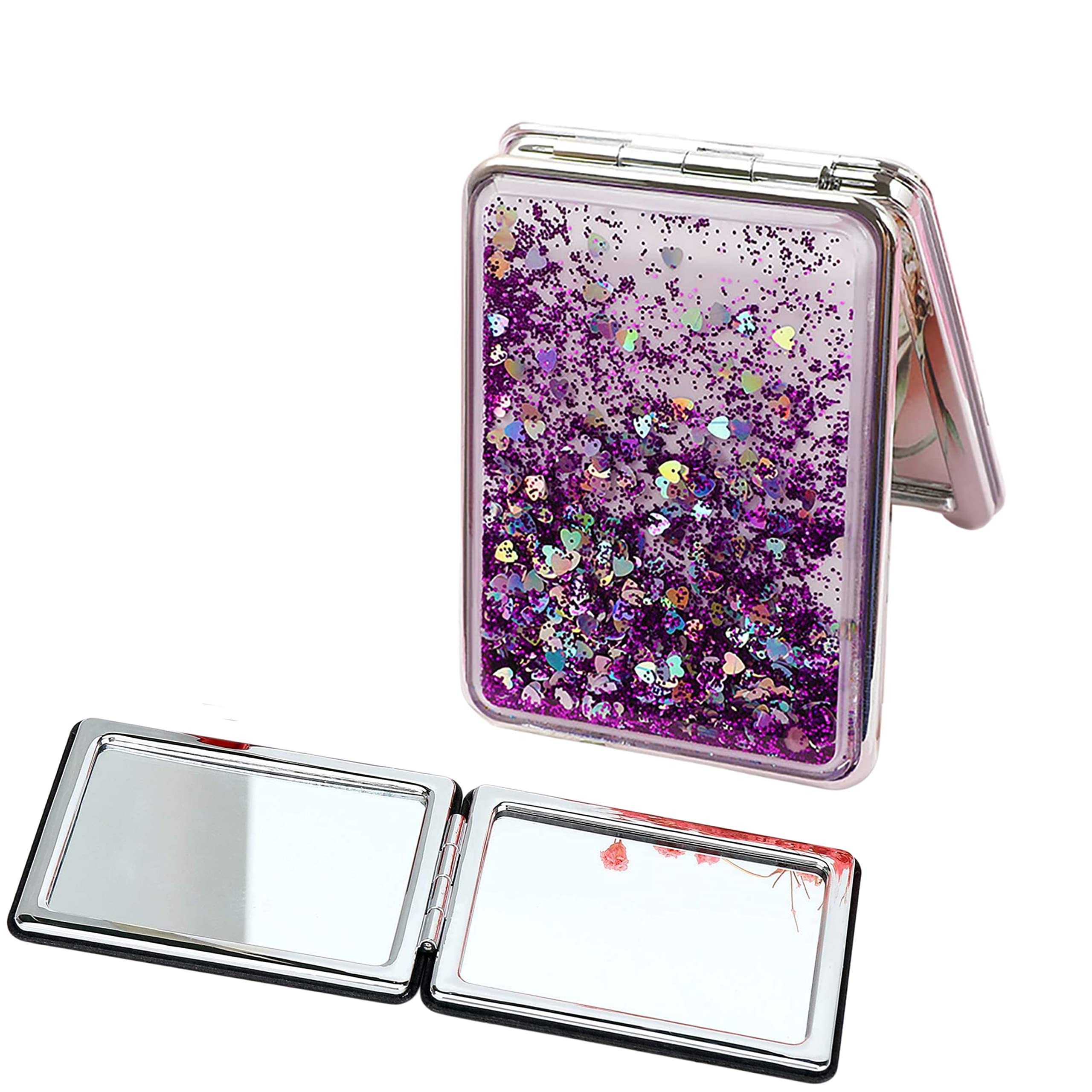 Stainless Steel Makeup Mirror - Mini Portable Double-Sided Magnifying Handheld Dream Quicksand Glitter Tabletop Folding for Purses and Travel - Square (Purple) Color May Vary