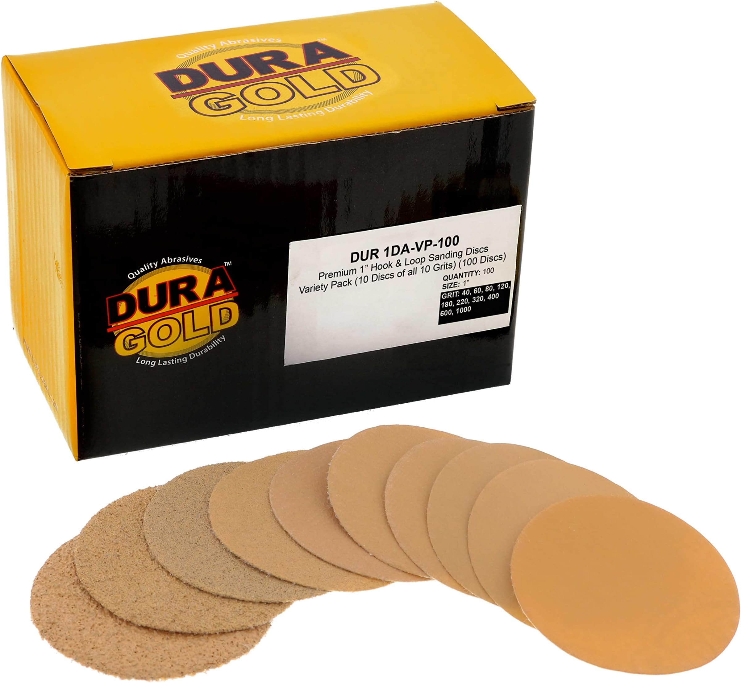 Dura-Gold - Premium - Variety Pack (40,60,80,120,180,220,320,400,600,1000) - 1" Gold Hook & Loop Sanding Discs for DA Sanders - Box of 100 Sandpaper Finishing Discs for Automotive and Woodworking