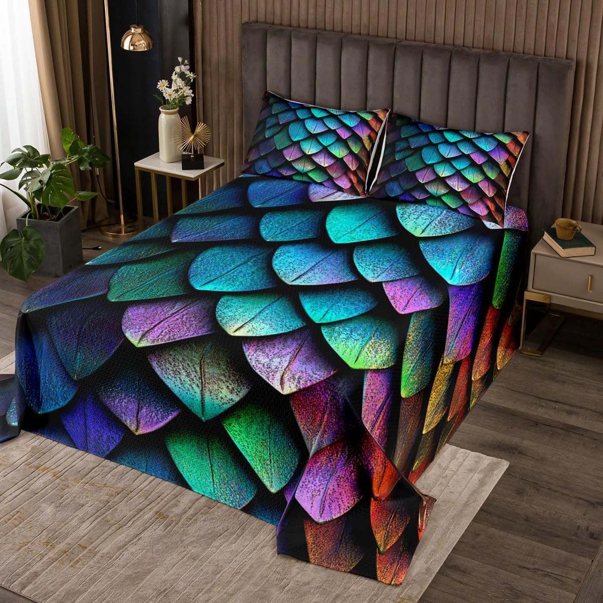 Erosebridal Dragon Scale Bedspread King Size Trippy Wild Animal Skin Quilted,Glitter Psychedelic Animal Hide Coverlet Set Novelty Wild Safari Theme Wildlife Room Decor,Teal Blue Green Purple