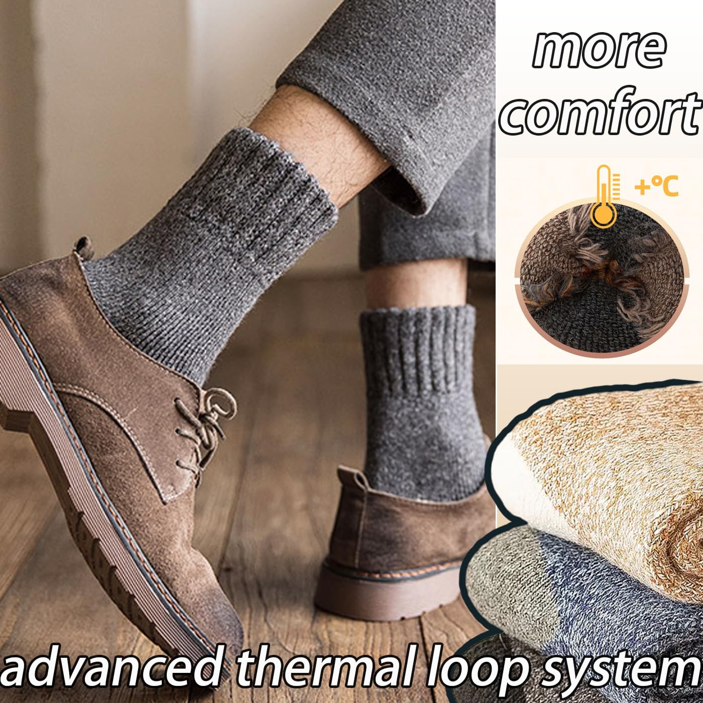 CHUNFO Thermal Men Socks Wool Warm Thick Socks Ankle Hiking Winter Soft Running Slipper Sock Breathable Cushioned 3/5 Pairs (3 Pack, Khaki, Dark Grey, Light Grey)