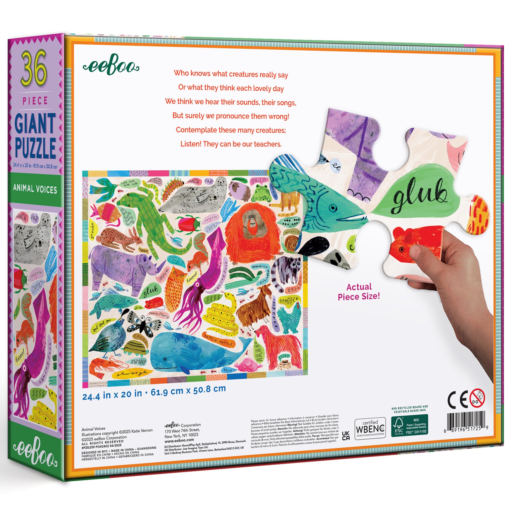 eeBoo: Animal Voices Riesenpuzzle - 36 Teile - 26 x 21 Boden-Puzzle, skurriles Geräusch-Thema, robuste, staublose, übergroße Teile, pädagogisch, Kinder ab 4 Jahren