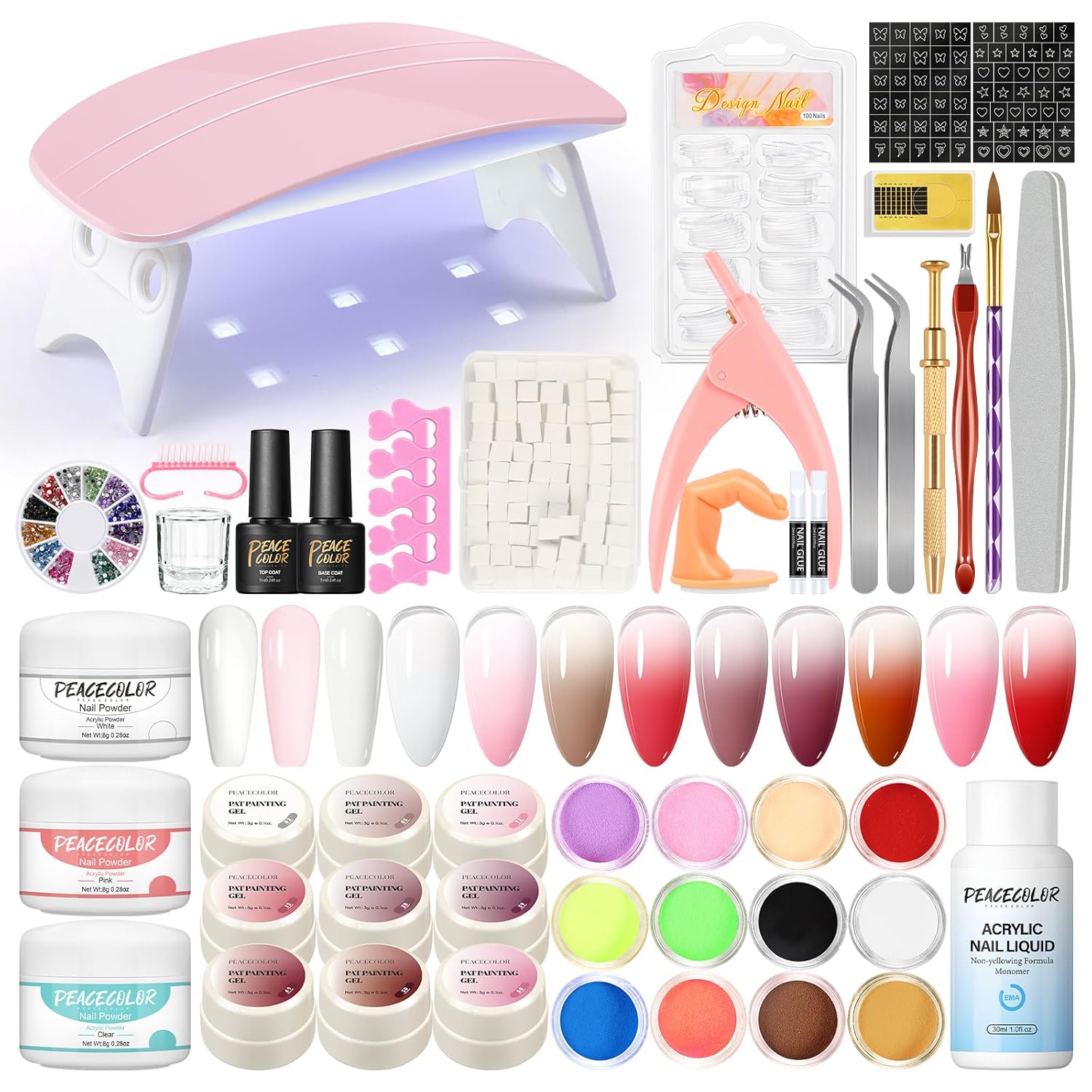 PEACECECOLOR Acrylic Nail kit with U V Light, Sponge Patting Nail Gel Polish with Sponges Beginner Friendly Gradient Nail Art Beauty Gift Sets