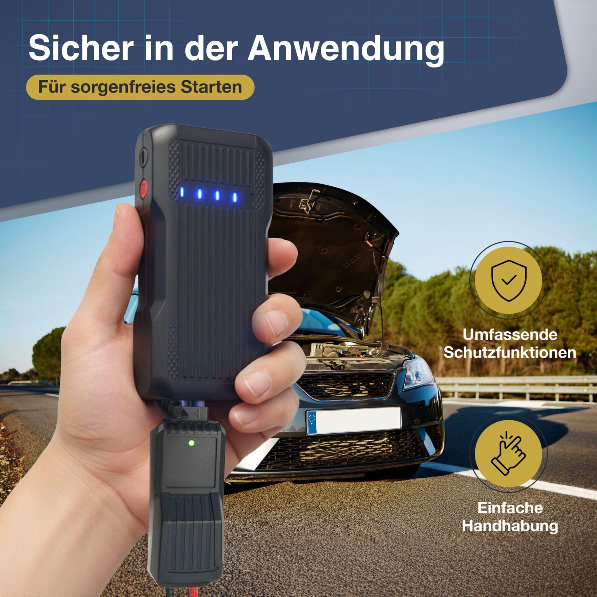 cartrend Jumpstarter mit integrierter Arbeitsleuchte, 3in1: Starthilfe, Taschenlampe, Powerbank, 600 A, schwarz