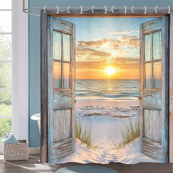 Beach Coastal Shower Curtain, Ocean Barn Door Nautical Sunrise Seaside Seascape Wave Decor Bath Curtains, Rustic Wood Teal Turquoise Bathroom Accessories Fabric Waterproof with Hooks, 60X70in