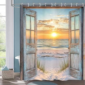 Beach Coastal Shower Curtain, Ocean Barn Door Nautical Sunrise Seaside Seascape Wave Decor Bath Curtains, Rustic Wood Teal Turquoise Bathroom Accessories Fabric Waterproof with Hooks, 60X70in