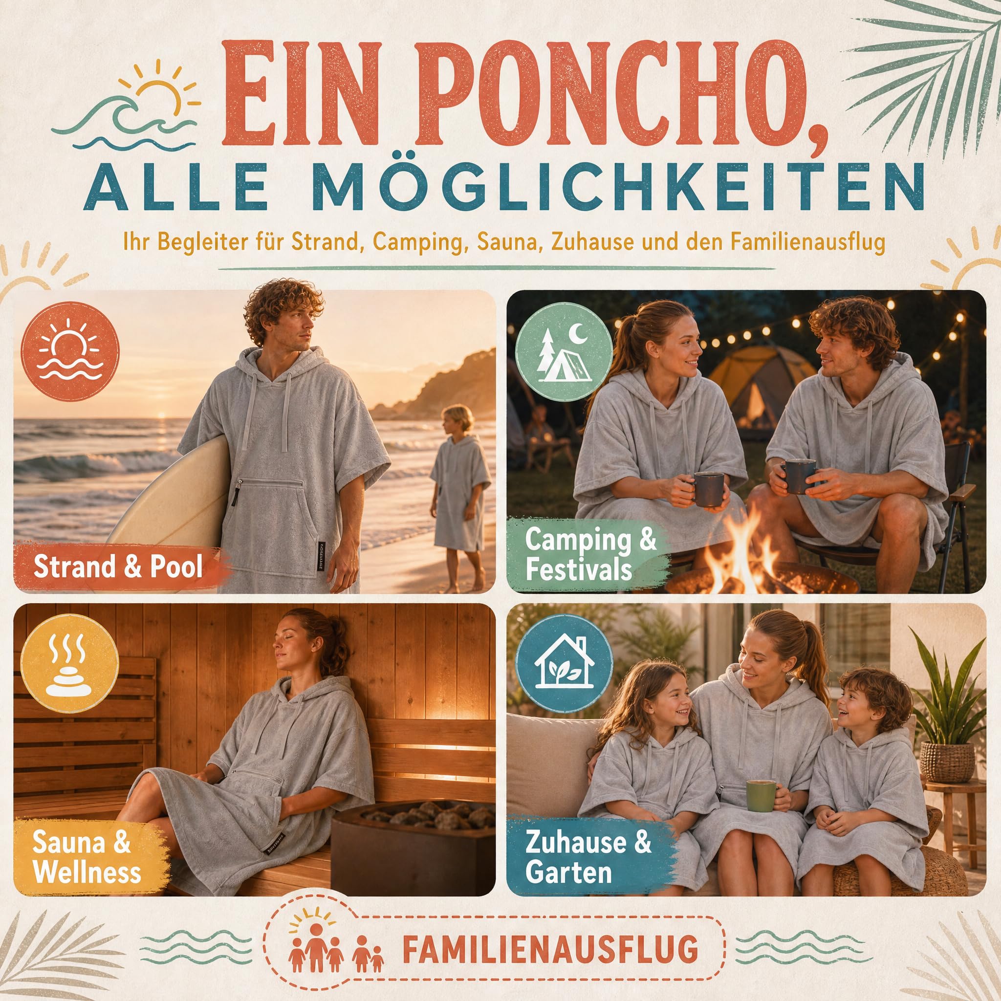 Strandponcho für Damen, Herren & Kinder – Badeponcho aus 100% Baumwolle, Surfponcho zum Umziehen mit Kapuze & Tasche für Strand, Sauna & Pool, Hellgrau, S/M