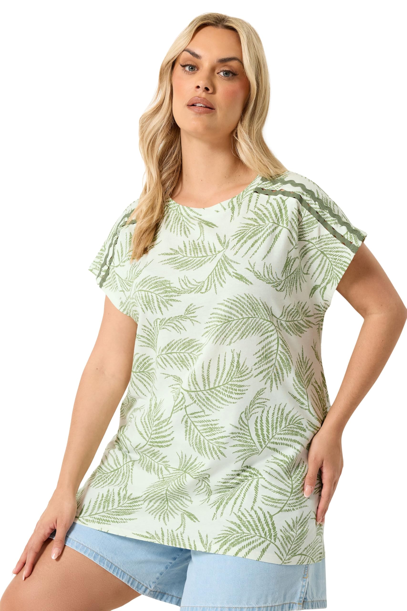 Yours Women's Light Green Palm Tree Trim Detail T-Shirt In | Size: 18