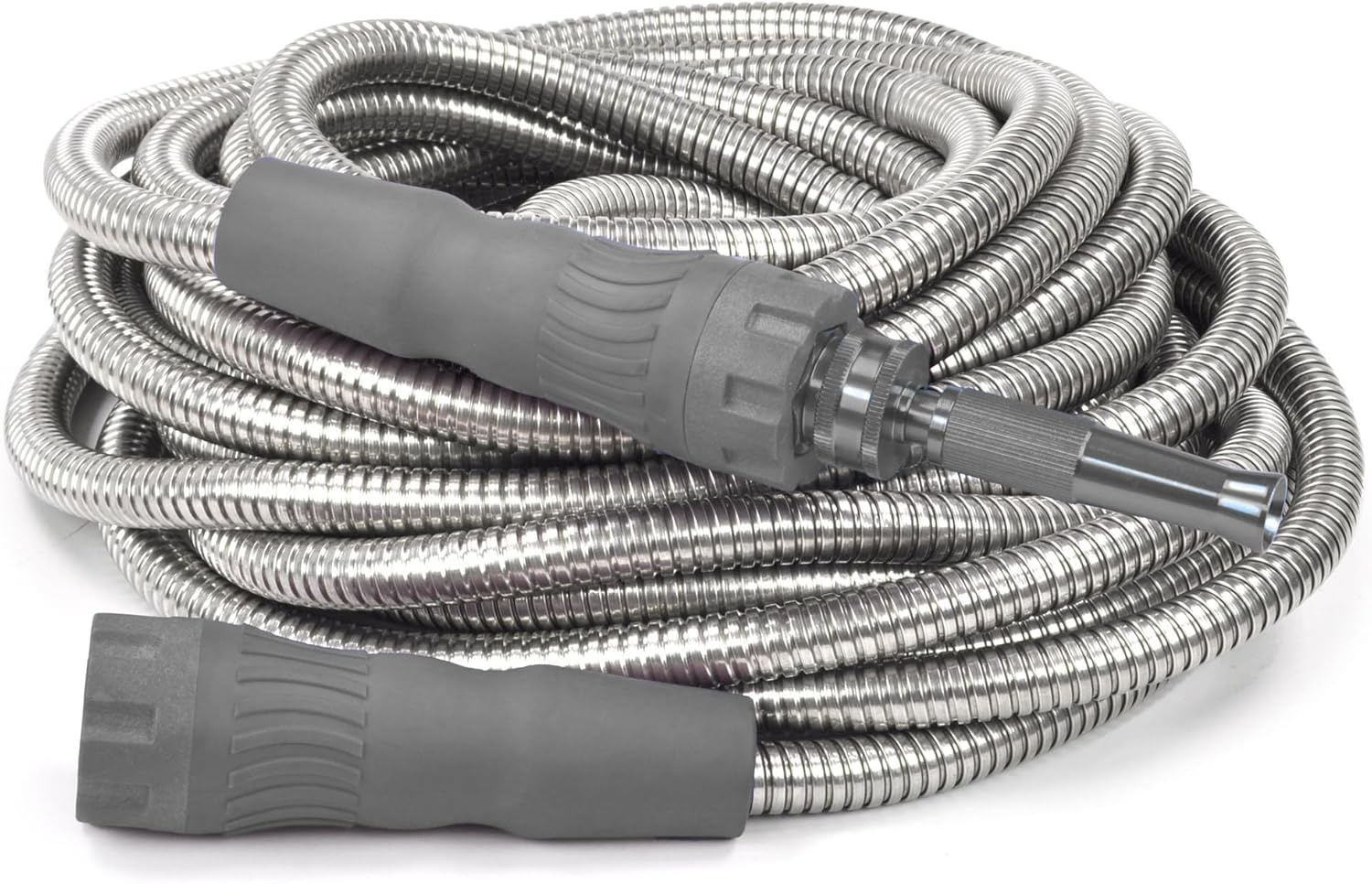 Bernini Pro Series Metal Garden Hose 50 Ft Super Flexible Garden Hose, Lightweight No Kink Puncture Resistant 304 Stainless Steel Hose With Aluminum Spray Nozzle & New Large Grips (50', Smoke)
