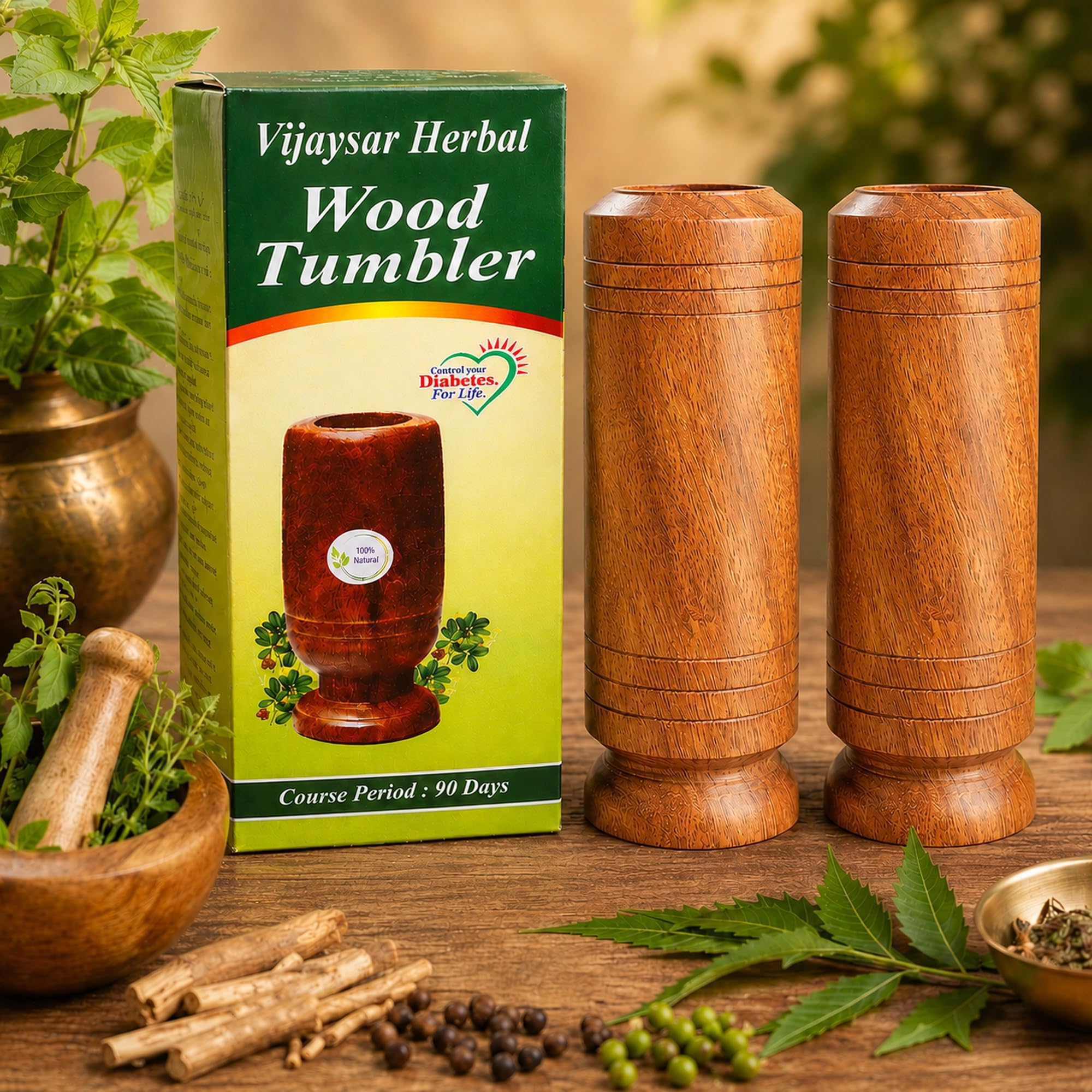 TwoGrams Vijaysar Wooden Glass Tumbler for Diabetes Control, Set of 2 Natural Ayurvedic Sugar Control Wood, 80 ml Each, Indian Kino Wood Cup Helps Maintain Blood Sugar Levels, Chemical Free, Reusable