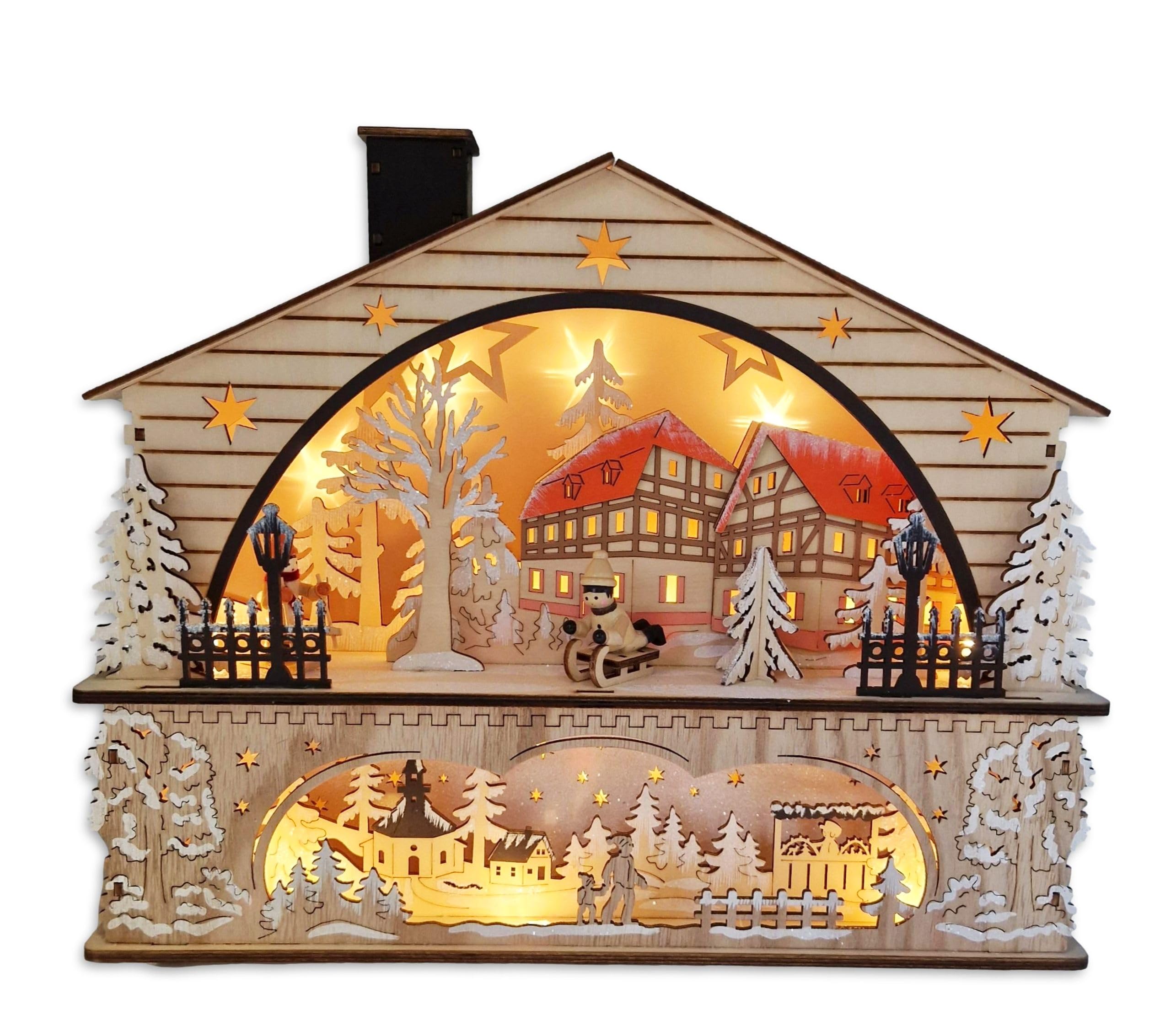 Wichtelstube-Kollektion Weihnachts-Dorf aus Echtholz, beleuchtete Weihnachtsdekoration für Innen Lichterbogen für Weihnachten, Weihnachtsdekoration, Holz, Handgefertigt mit 3D Effekt und Hologramm
