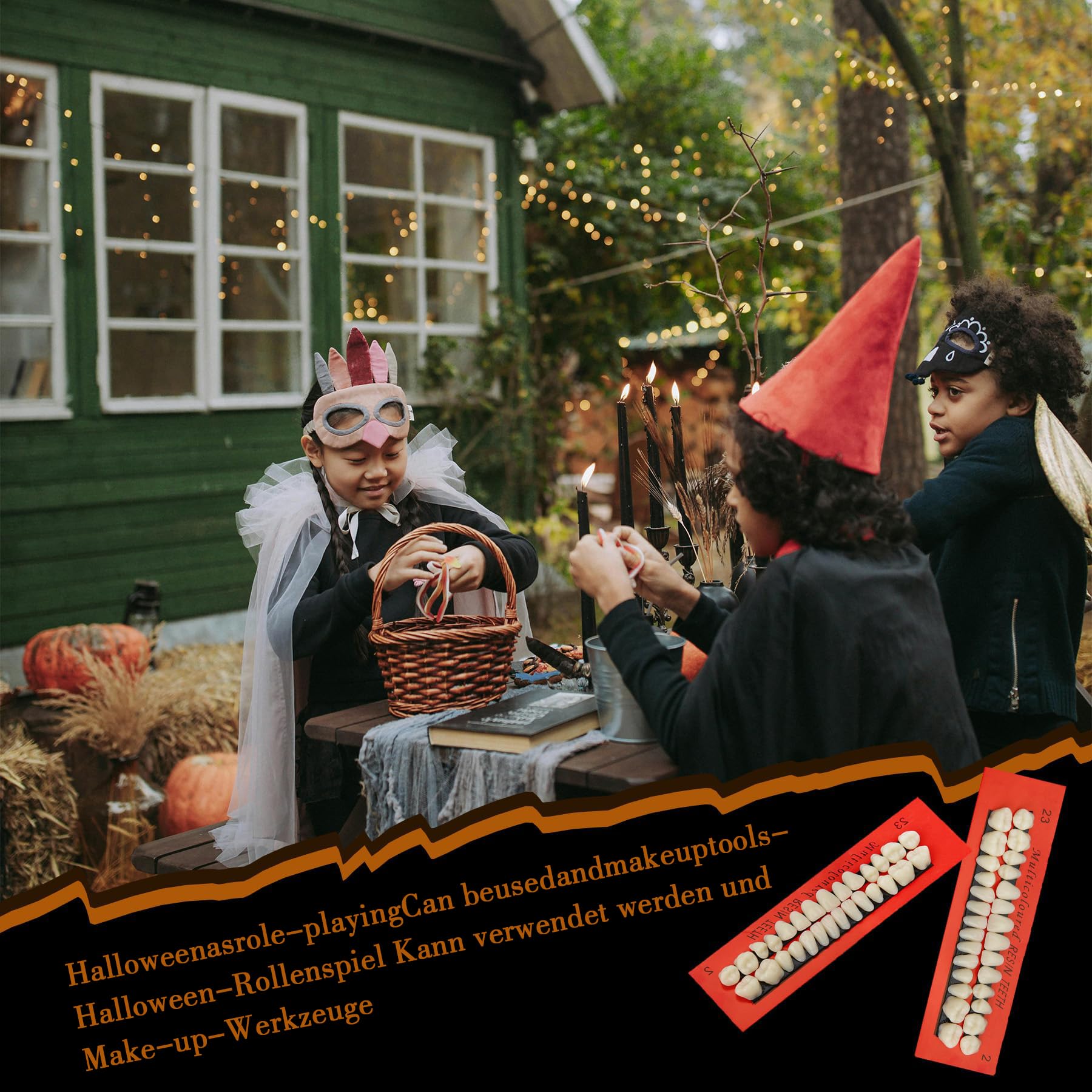 6 zestawów fałszywych zębów, 168 sztuk protez do nakładania na górne i dolne zęby z żywicy sztucznej, zęby wampira, Halloween, 23 A2 - Glowki