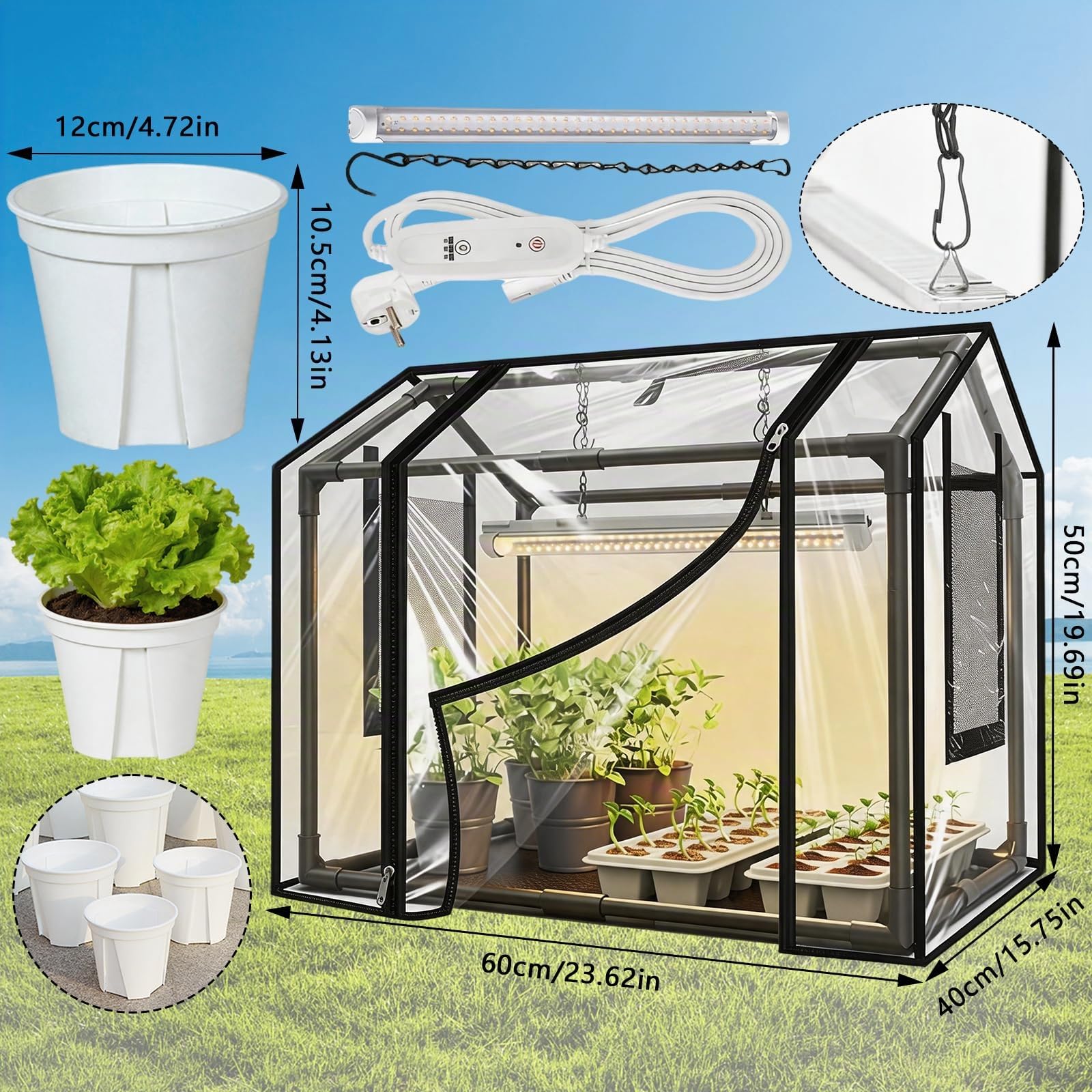Kit de Plantación, Mini Invernadero con Seis Macetas Pequeñas y Lámpara para Plantas Invernadero de Jardín de PVC de 60 x 40 x 50 cm Cubierta Aislante Transparente para Plantas para Jardín y Balcón