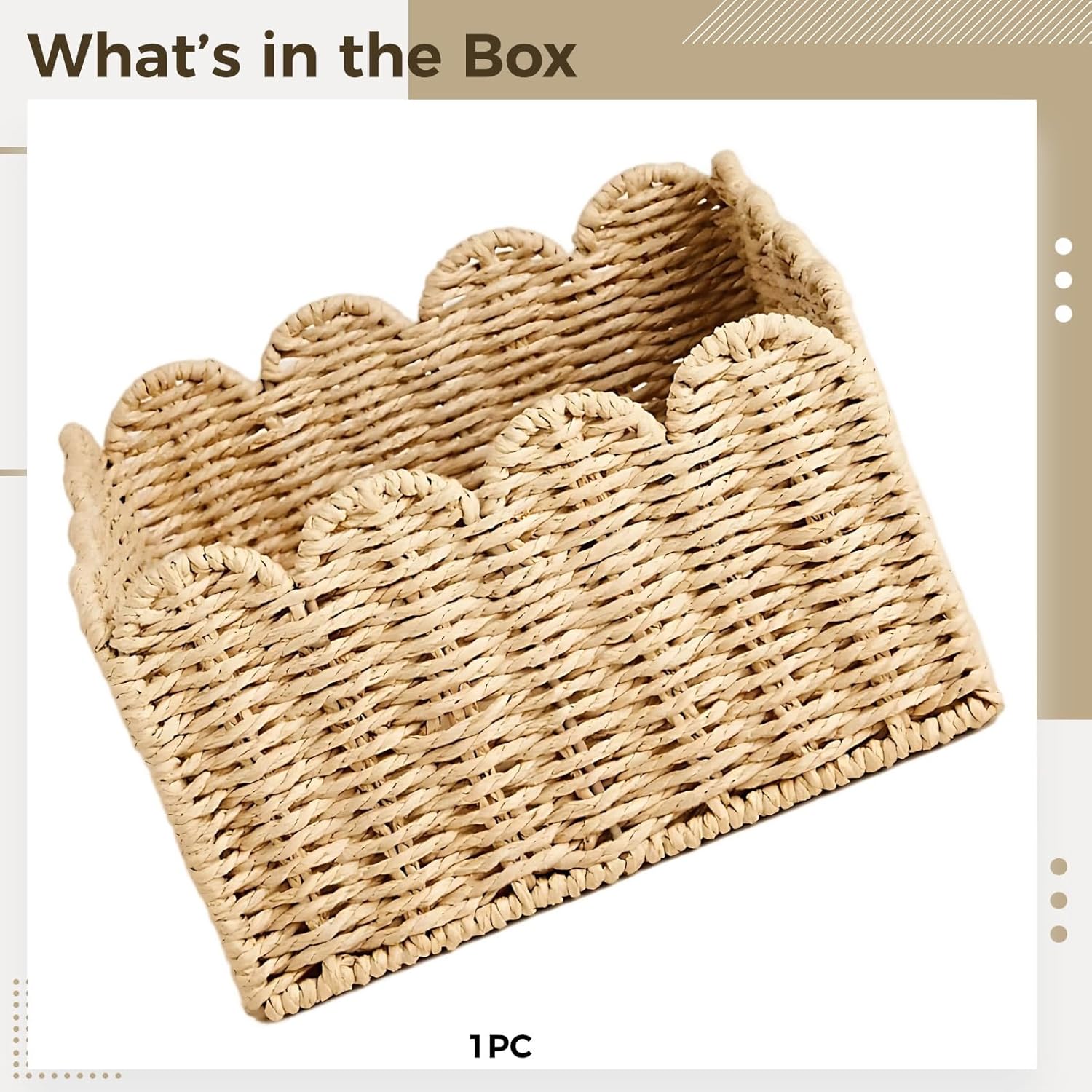 Paper Rope Storage Basket, 9.45 In Khaki Hand-Woven Scalloped Basket For Home Organization, Decorative Shelf Bin For Sundries, Toys, Clothes, Desktop