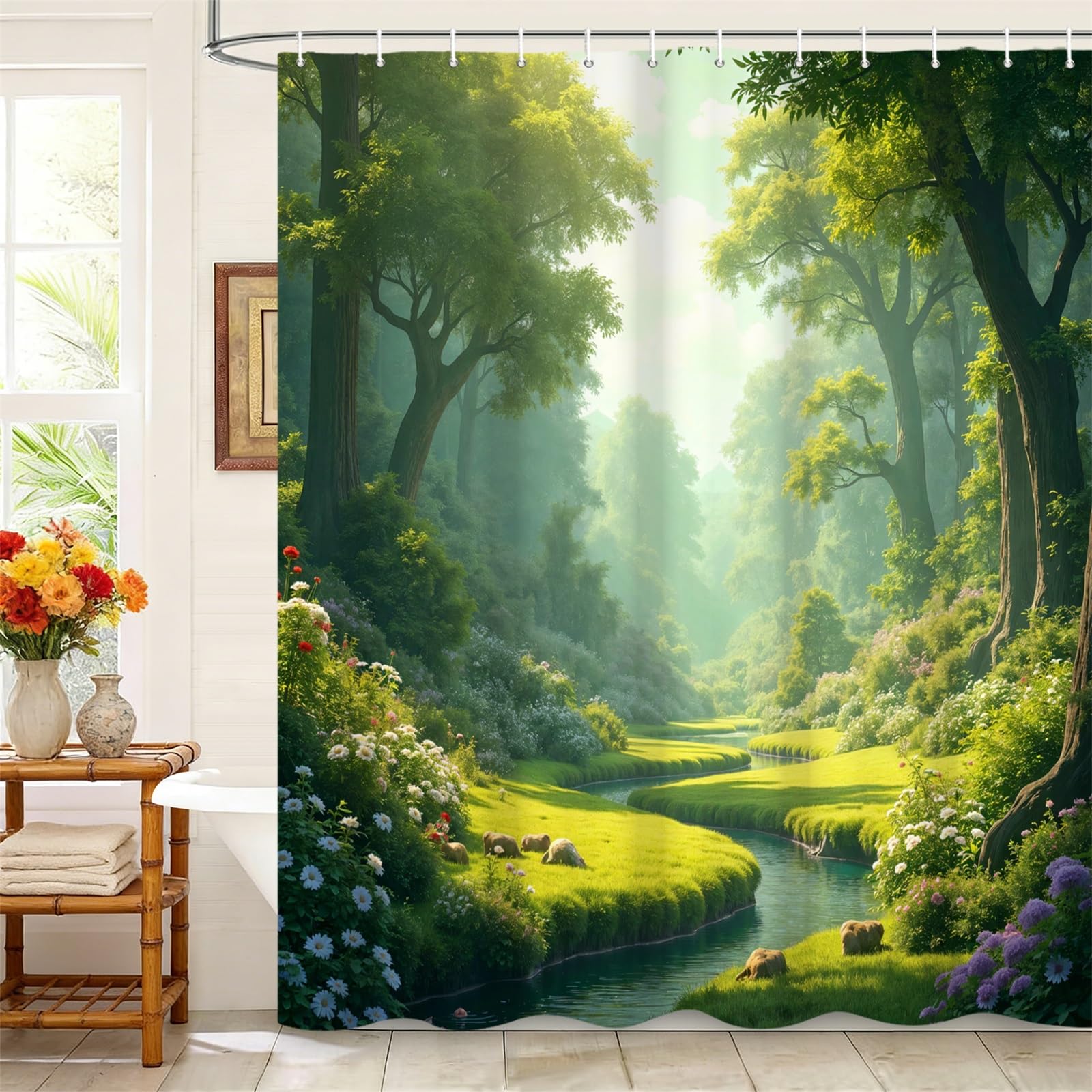 Kzzfqxb 105x160cm Shower Curtains with Plastic Hooks, Green Wonder Forest Tall Trees Clear River Through Flowers Lawn Waterproof Occluded for Bathtub, Oil Painting Polyester Fabric for Bathroom
