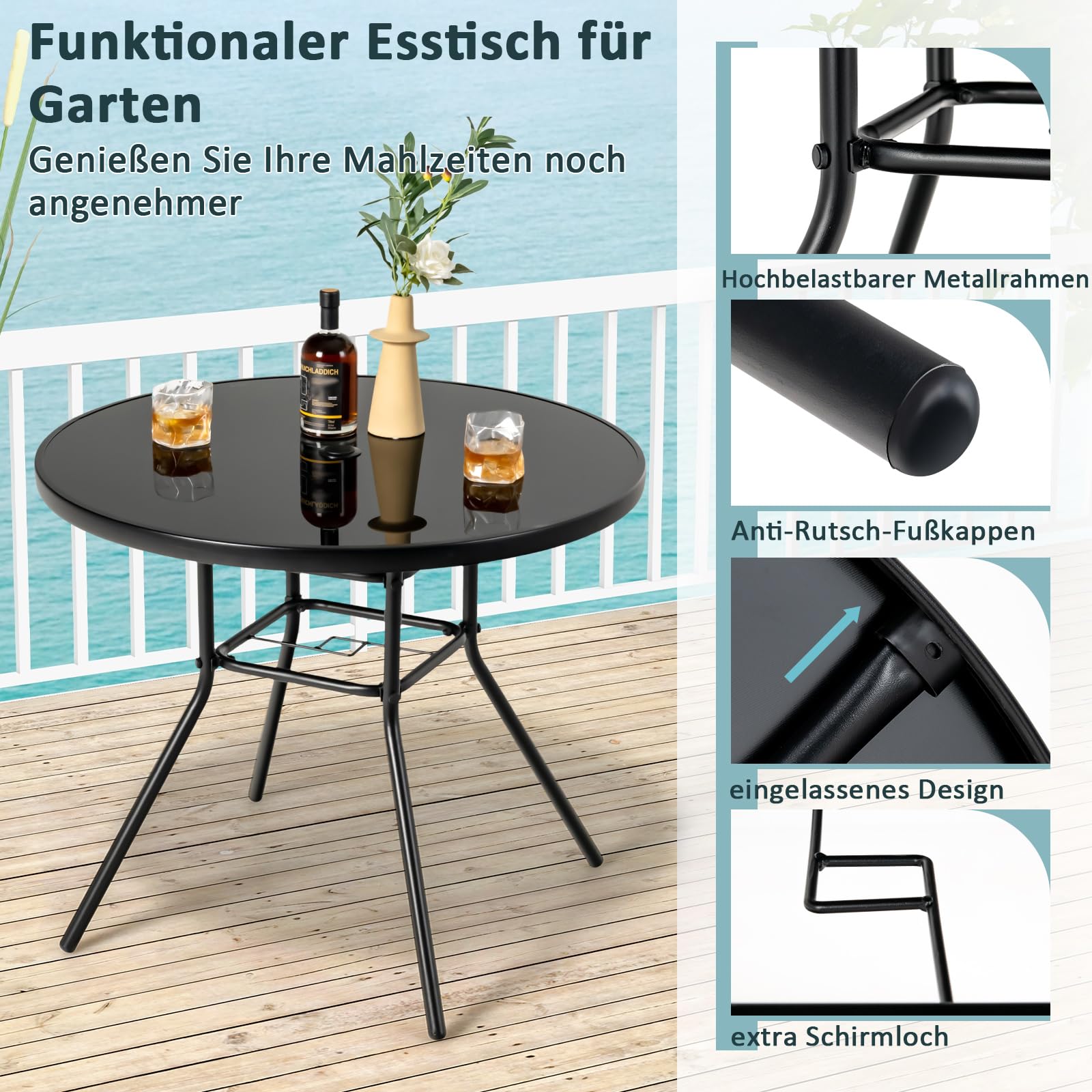GOPLUS Gartentisch Metall, 86cm Beistelltisch Outdoor mit Glasplatt & 3,5cm Schirmloch, Balkontisch Terrassentisch wetterfest, Esstisch Bistrotisch Kaffeetisch für Garten Hof Terrasse Balkon Pool